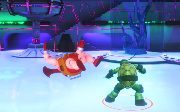 HD desktop wallpaper from the video game Teenage Mutant Ninja Turtles Arcade: Wrath of the Mutants, featuring a Ninja Turtle facing off against an enemy in a futuristic setting.