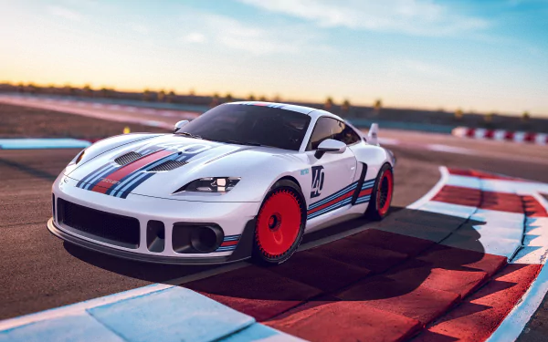 A high-definition wallpaper featuring a white Rezvani Retro RR1 sports car with red and blue racing stripes, numbered 98, cruising on a racetrack.