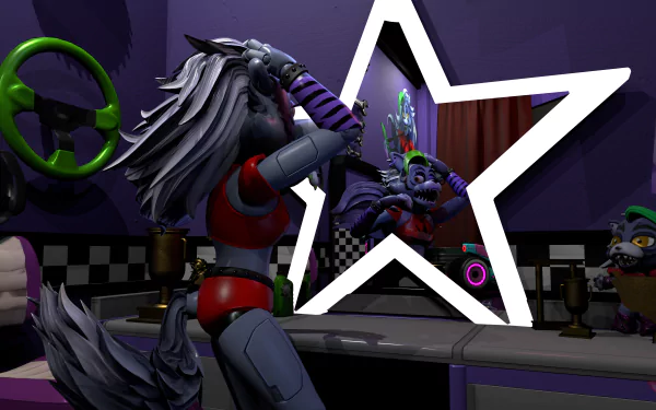 8K Ultra HD PC desktop wallpaper featuring characters from Five Nights at Freddy's: Security Breach, showcasing animatronics in a vibrant, dynamic scene.