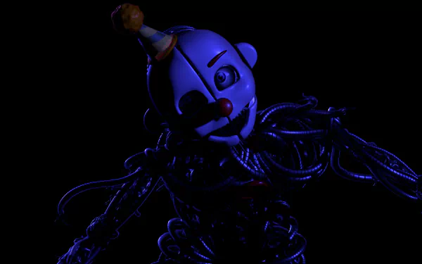 Dark, eerie 8K Ultra HD wallpaper of a glowing animatronic character from Five Nights at Freddy's: Sister Location, set against a black background for PC desktops.