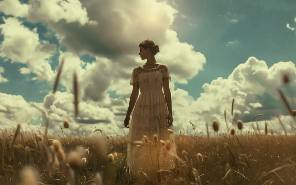 A woman in a summer dress stands in a field with tall grass and dandelions, backlit by a sunlit sky with fluffy clouds. (HD desktop wallpaper background)