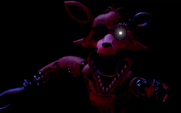 Dark, detailed animatronic from Five Nights at Freddy's 2 with glowing eye, rendered in 8K Ultra HD for vivid PC desktop wallpaper and background.