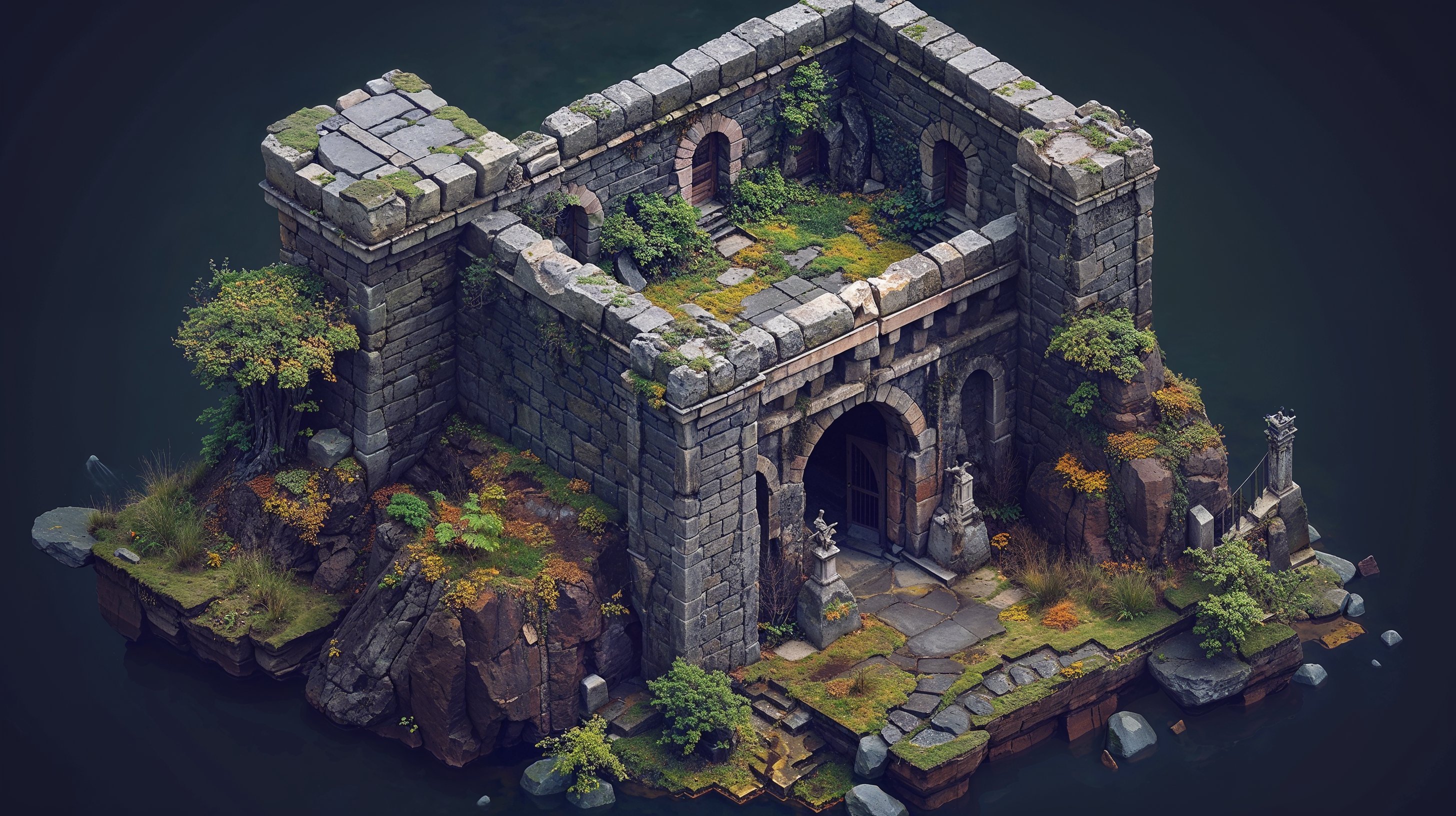 HD isometric wallpaper of an abandoned medieval fortress on a secluded island, featuring overgrown flora and aged stone architecture.
