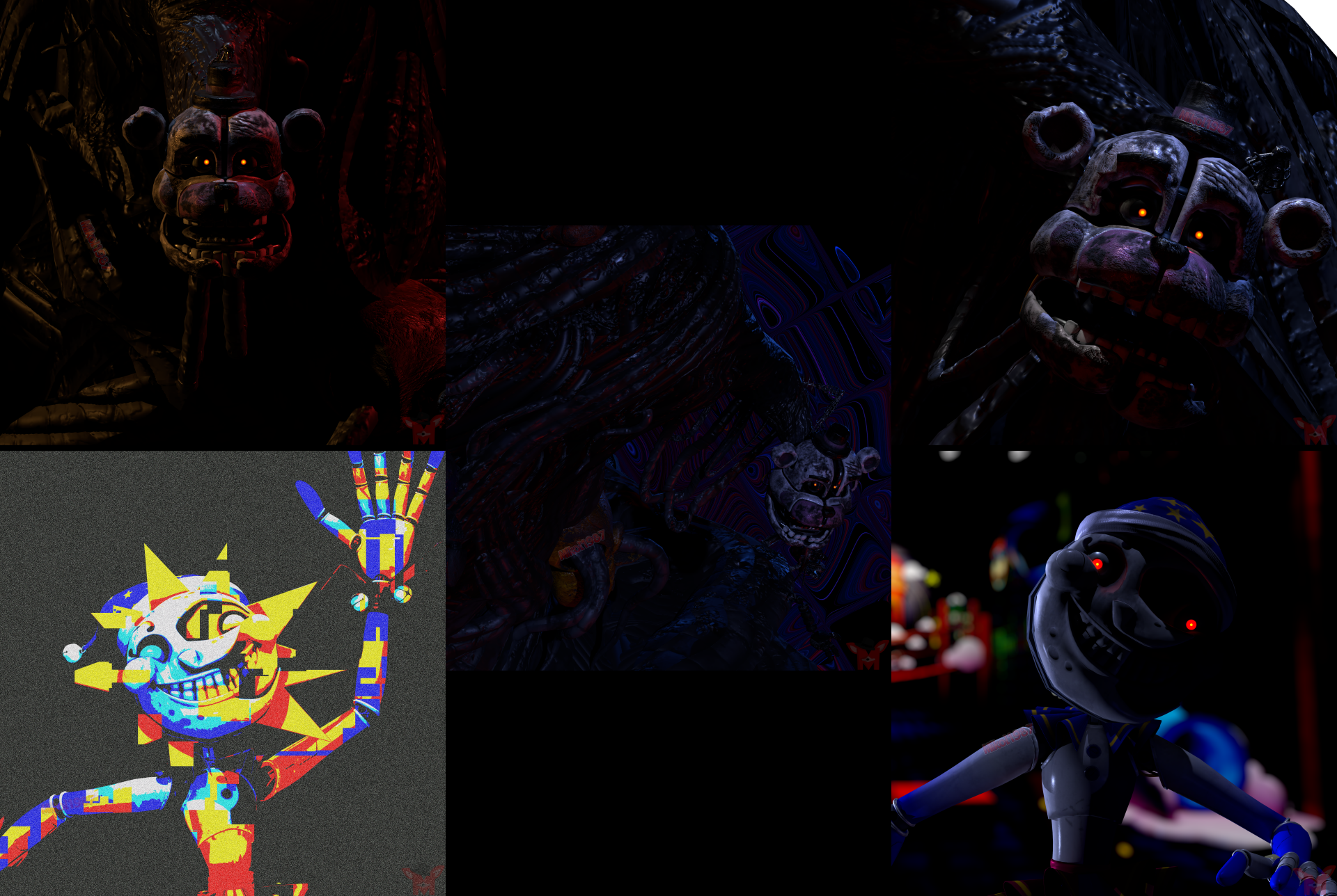 An 8K Ultra HD desktop wallpaper featuring The Blob and Moonman characters from Five Nights at Freddy's: Security Breach in a dark, eerie video game setting.