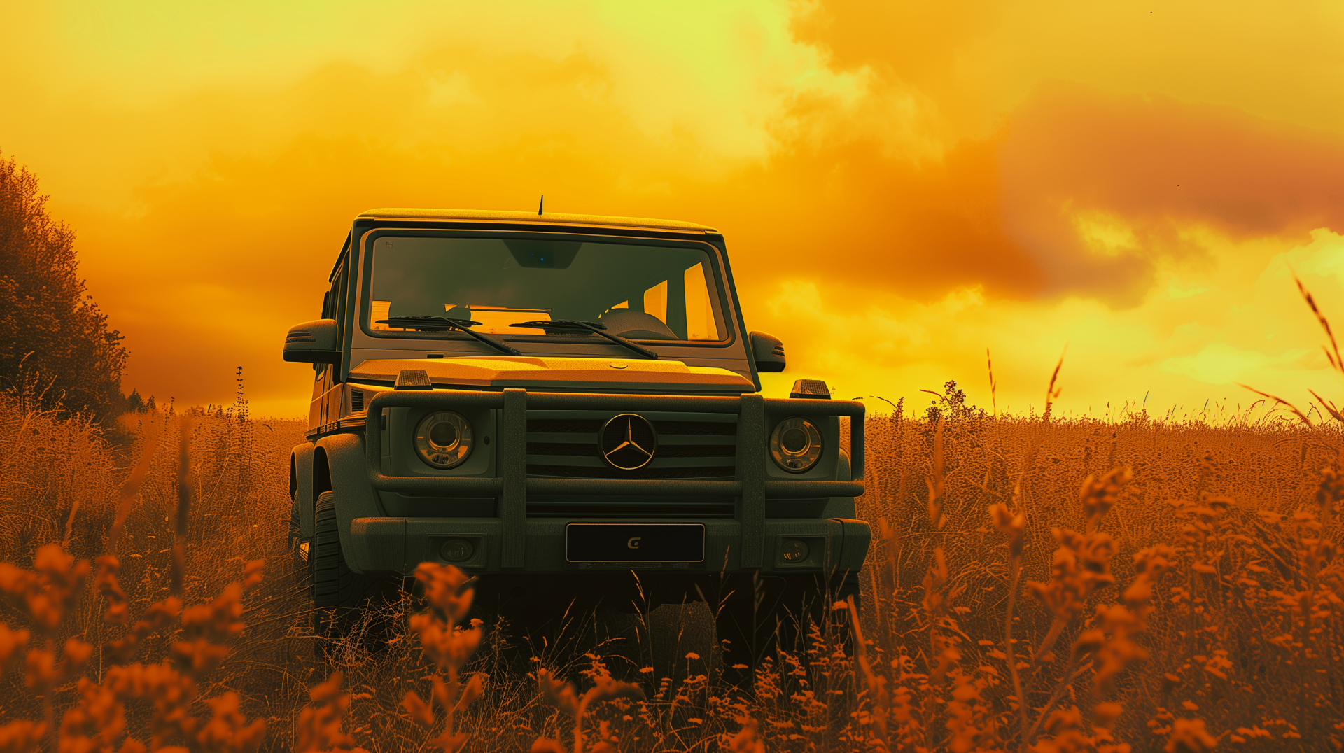 HD desktop wallpaper featuring a Mercedes-Benz G-Class vehicle in a field with a vibrant orange sunset in the background.