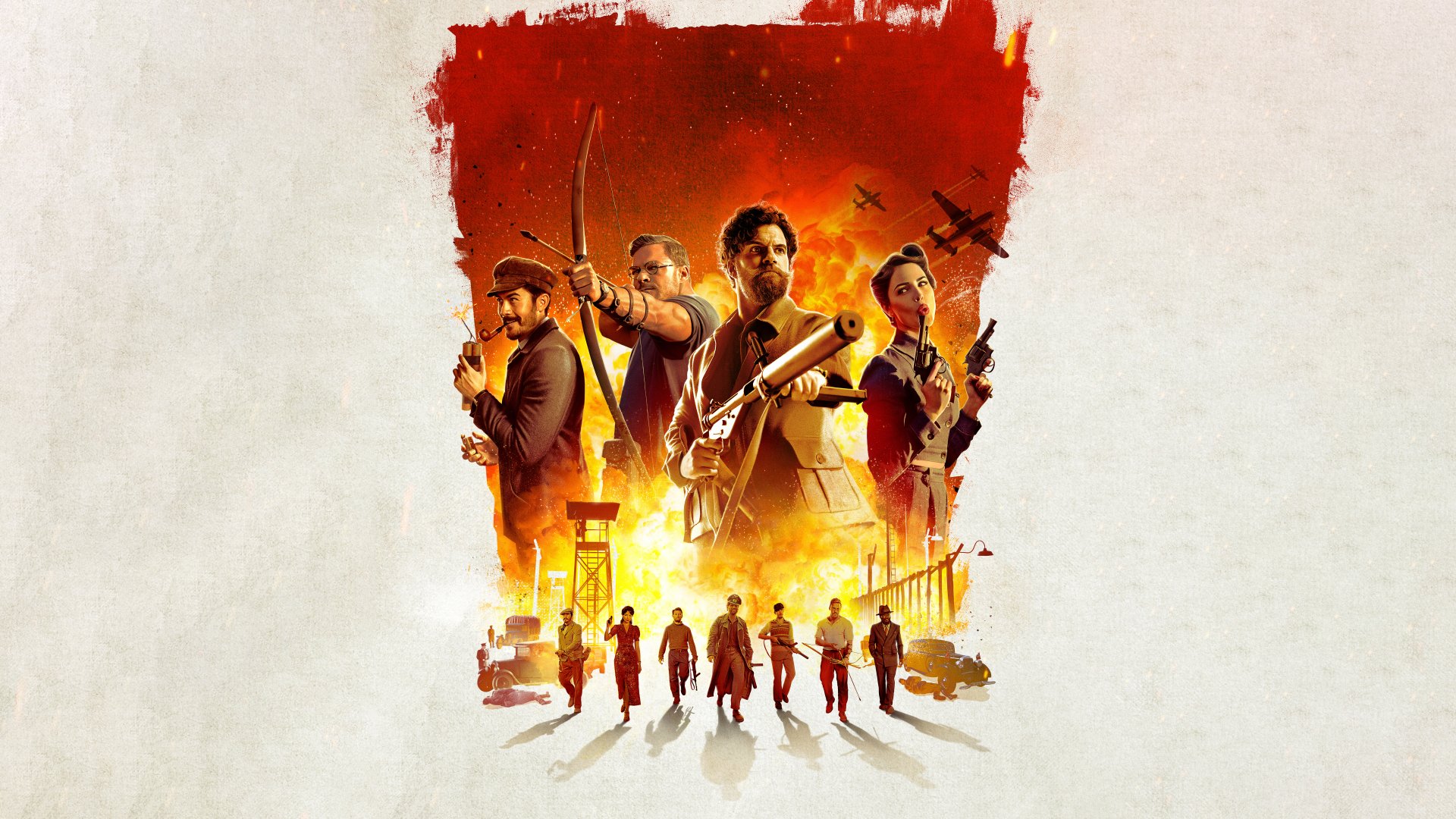 HD desktop wallpaper featuring a montage of characters from the movie 'The Ministry of Ungentlemanly Warfare' with a vivid red and yellow background, portraying an action-packed theme.