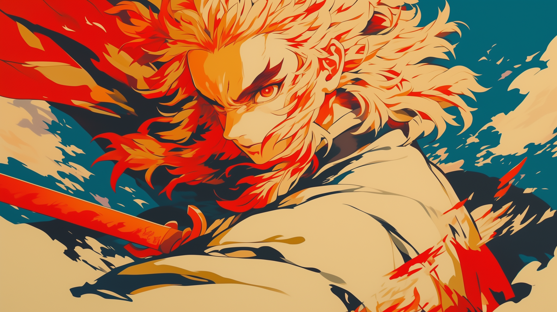 HD Anime wallpaper featuring Kyojuro Rengoku from Demon Slayer: Kimetsu no Yaiba with vivid red and blue hues, showcasing the character's intense gaze and fiery hair.