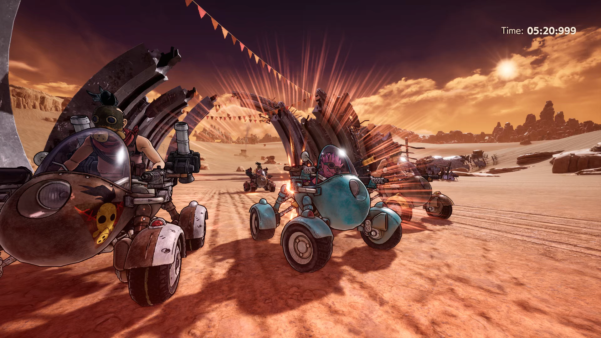HD desktop wallpaper featuring a scene from the video game Sand Land, showing futuristic vehicles racing through a desert landscape under a warm, hazy sky.