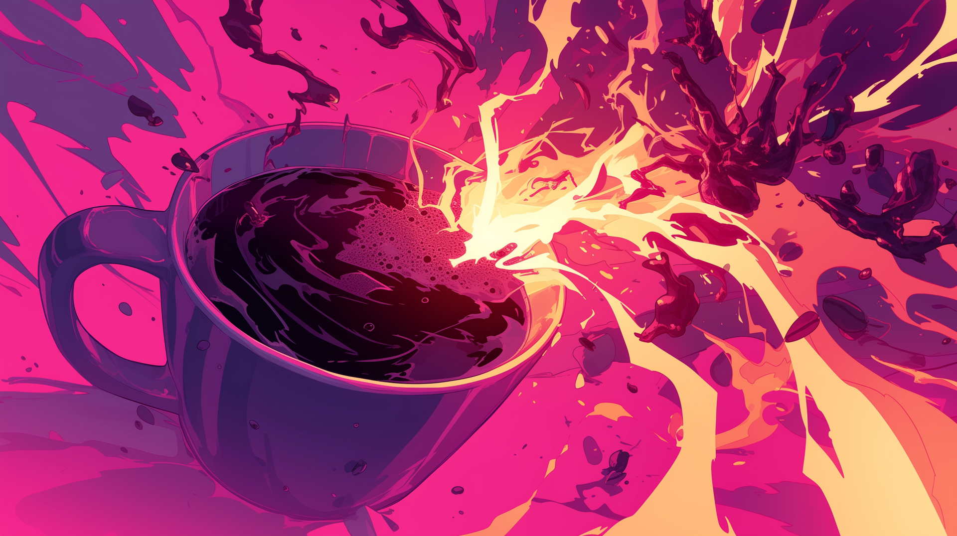 Vibrant HD desktop wallpaper featuring an explosive splash of coffee from a cup, set against a vivid pink and purple background.