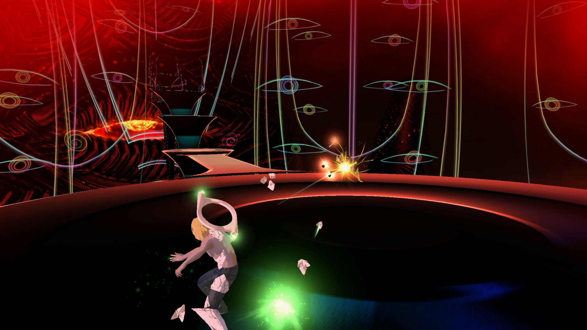 HD desktop wallpaper featuring a character from El Shaddai: Ascension of the Metatron, set in a vivid, abstract video game world.