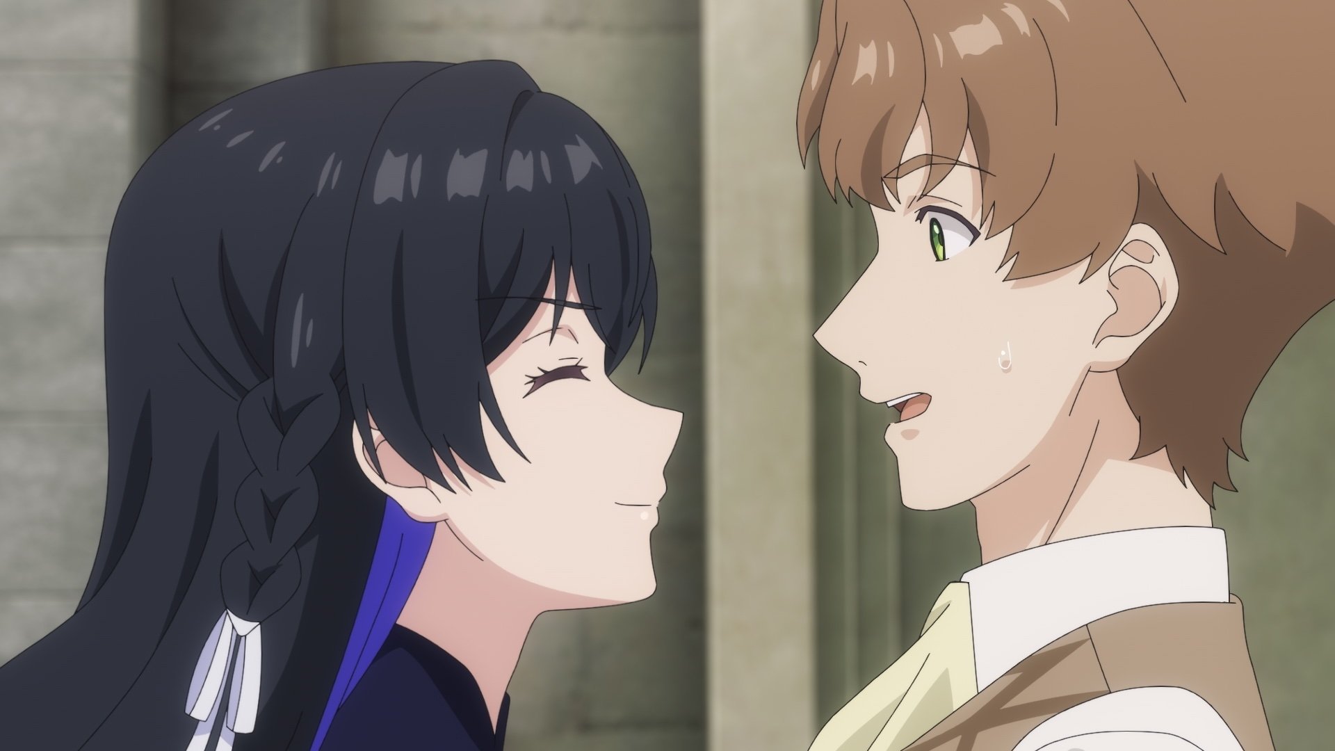 HD desktop wallpaper featuring a close-up scene from Unnamed Memory anime with a smiling black-haired girl facing a brown-haired boy in a joyful conversation.