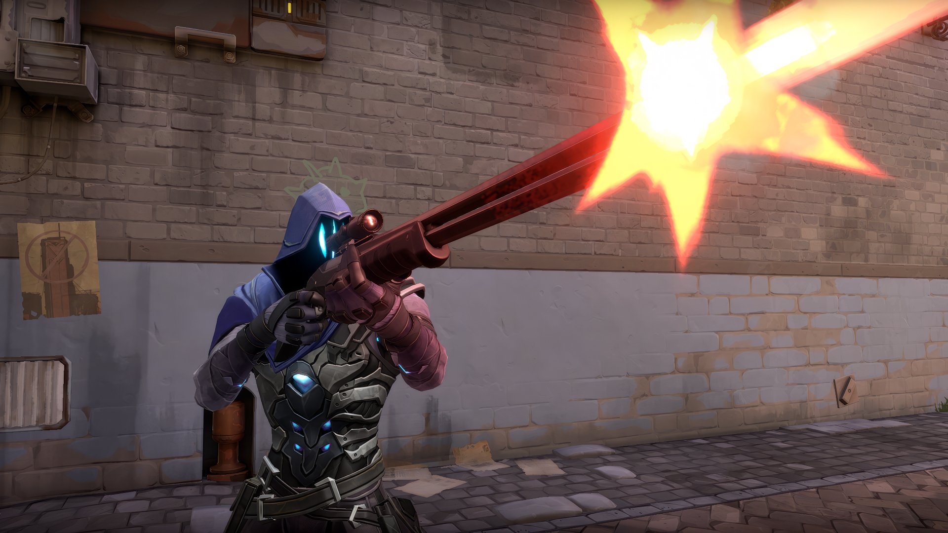 HD desktop wallpaper of Omen from Valorant firing a weapon with a bright blast, set against an urban backdrop.