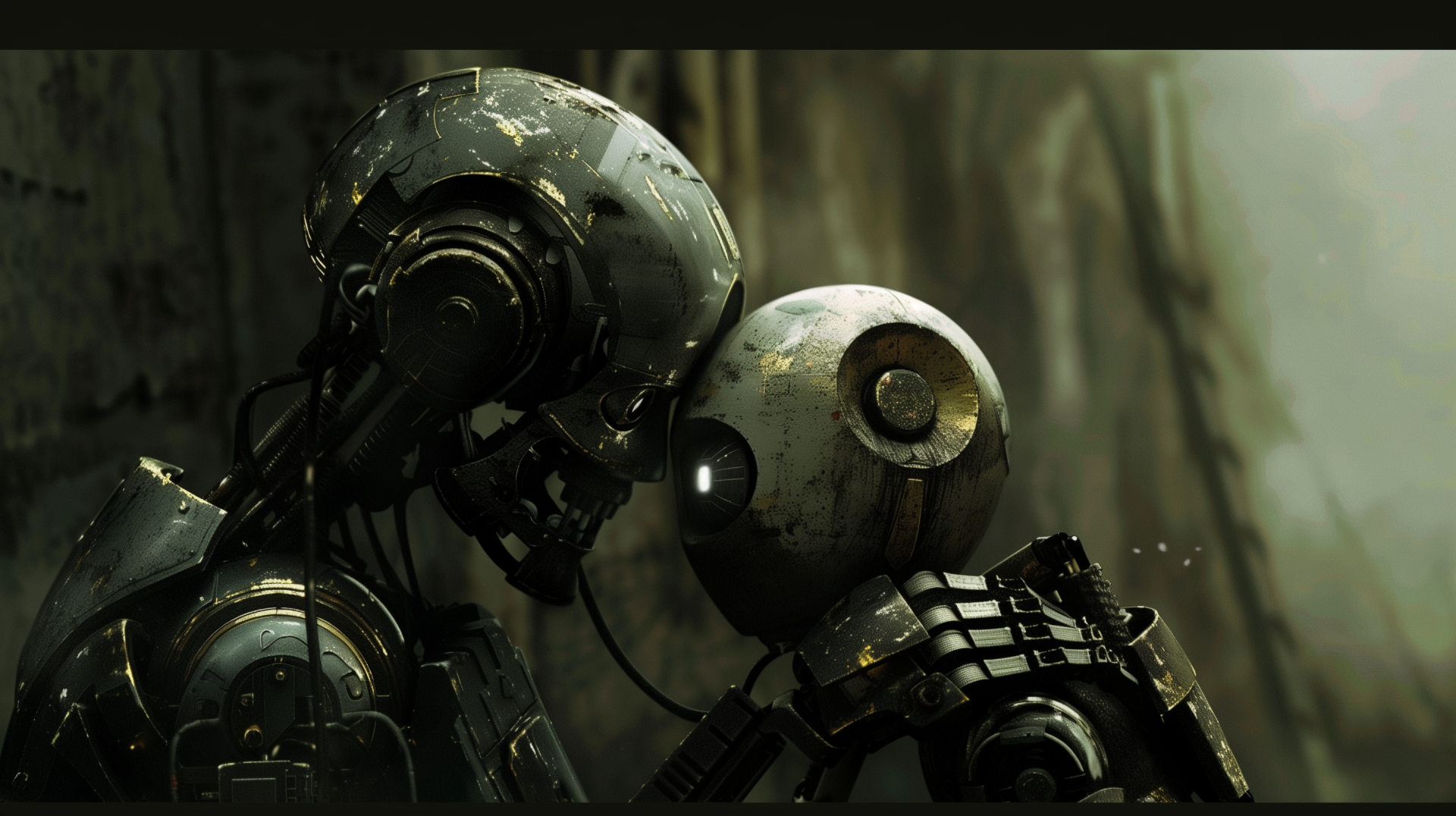 HD desktop wallpaper featuring a sci-fi scene with two robots resembling a parent and child in a tender, close-up interaction against a blurred forest background.