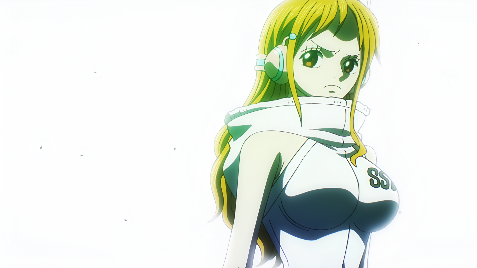 Anime-style 4K Ultra HD desktop wallpaper featuring Nami from One Piece with headphones and a focused expression on a clean white background.