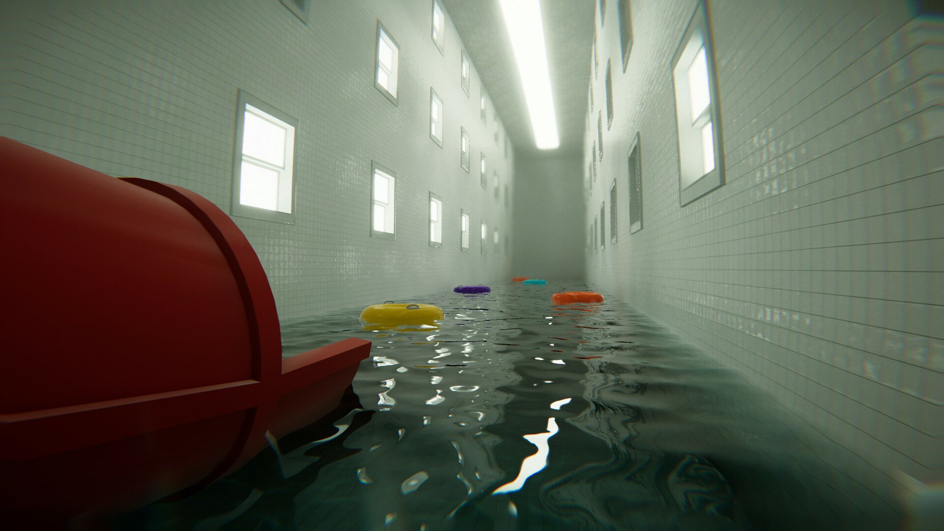 HD desktop wallpaper featuring a video game-inspired indoor pool with colorful floats and a red slide, set in a tiled room with multiple windows.