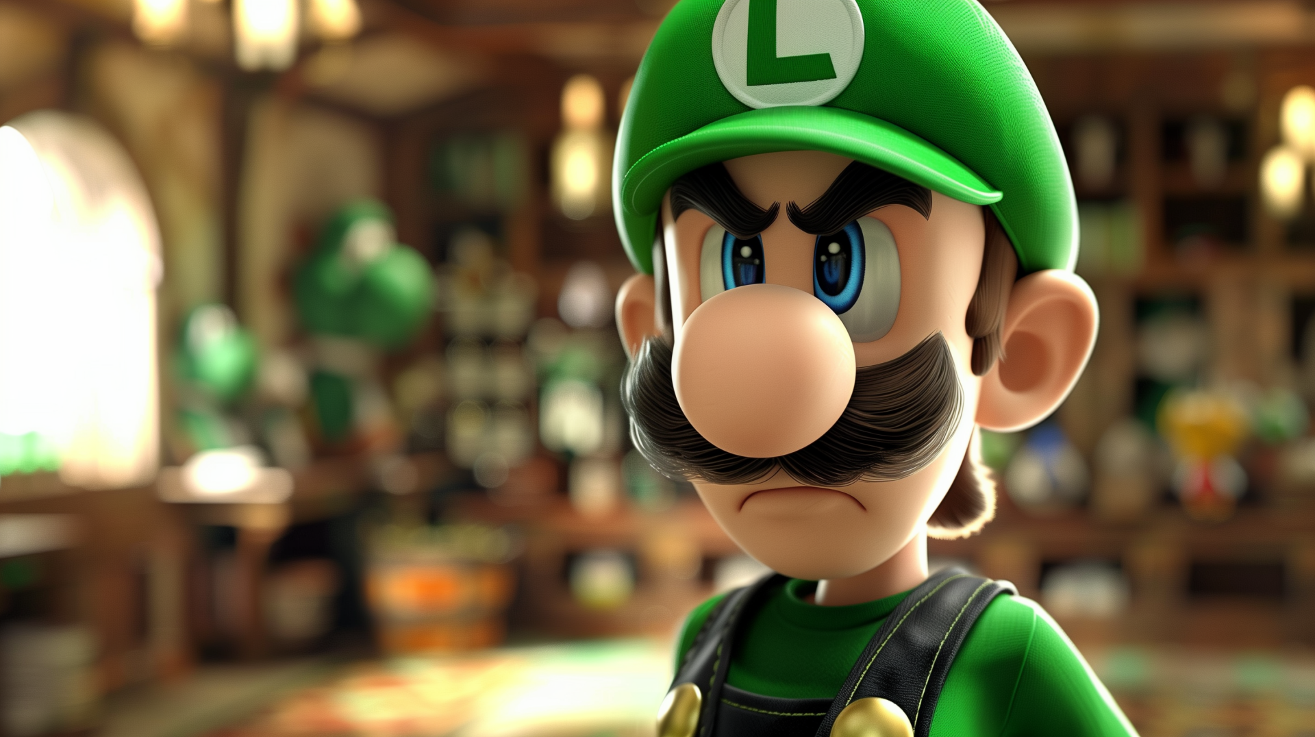 HD desktop wallpaper featuring a close-up of Luigi from the Mario series, looking serious in a detailed, warmly lit interior setting.
