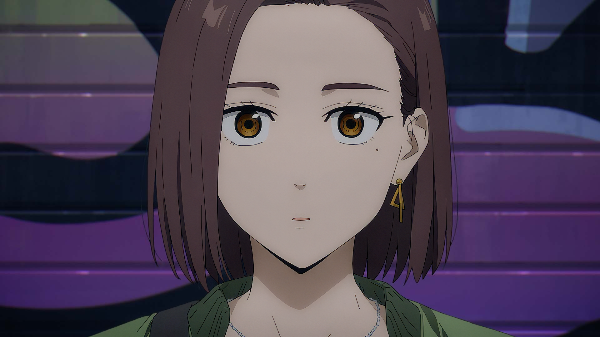 HD desktop wallpaper featuring a close-up of a female anime character from Wind Breaker, with detailed brown eyes and earrings, set against a purple striped background.