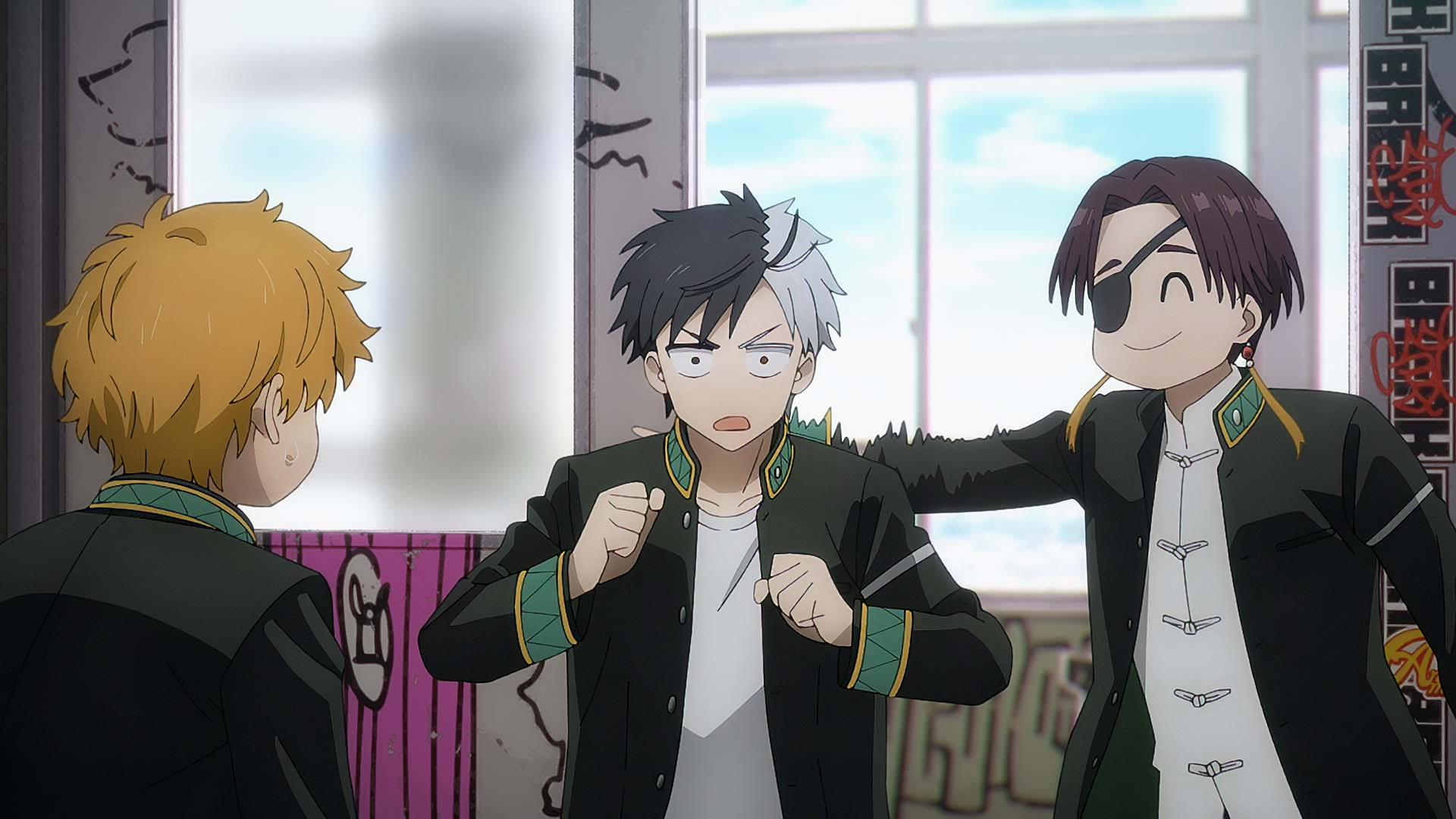 HD anime wallpaper featuring three male characters from Wind Breaker in school uniforms, inside a classroom setting, interacting energetically.