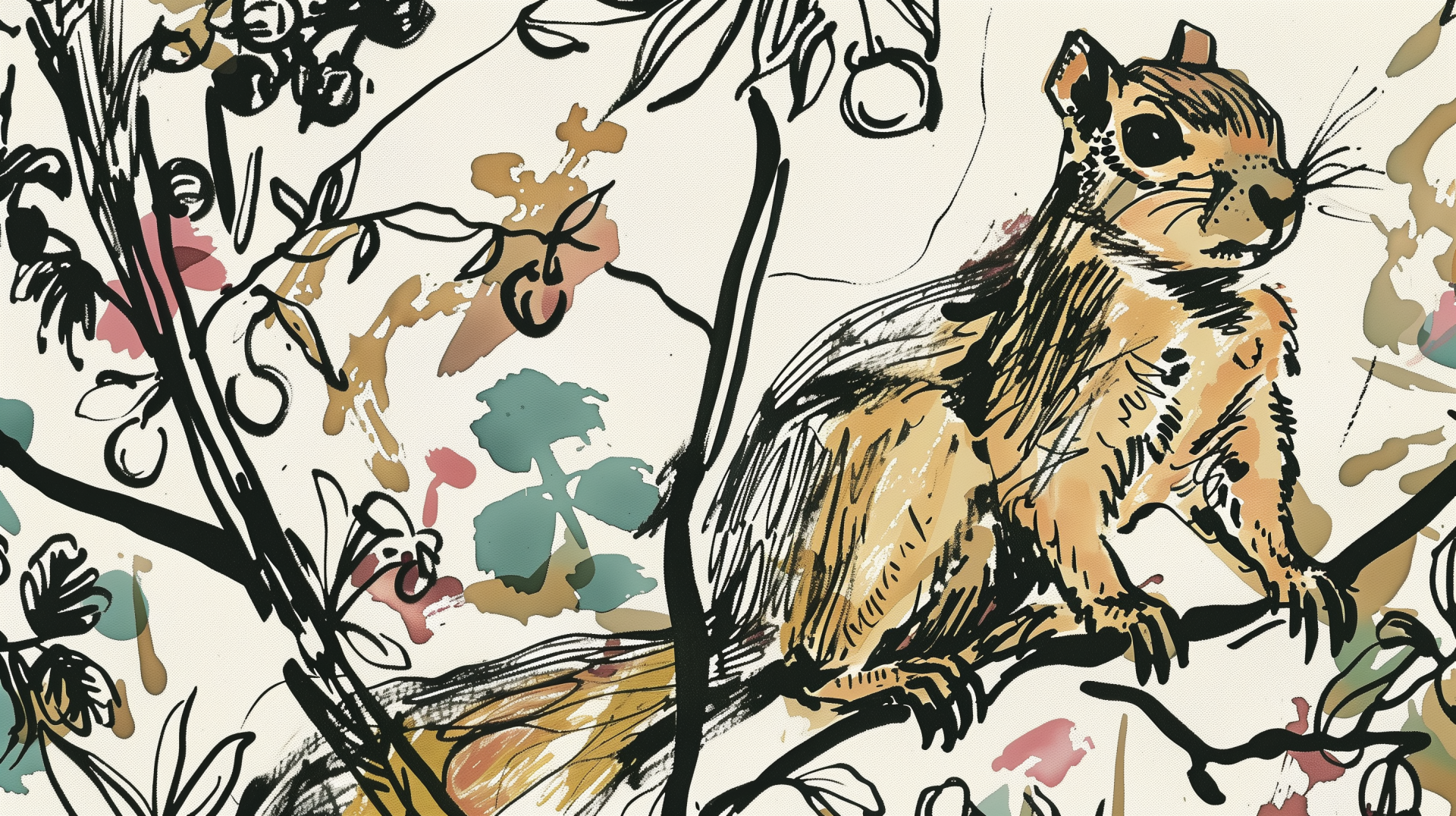 Artistic HD wallpaper of a hand-drawn squirrel perched on a branch, complemented by an abstract floral background.