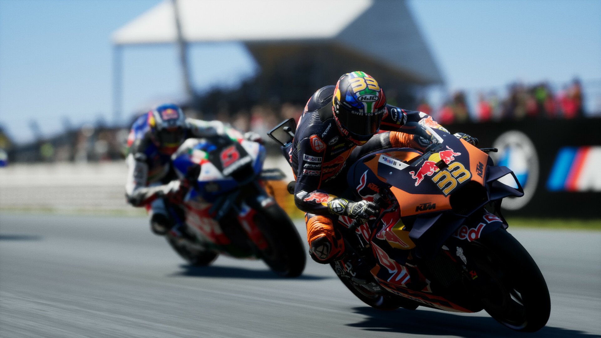 HD desktop wallpaper from MotoGP 24 featuring two racers sharply cornering on the track, showcasing dynamic action and speed.