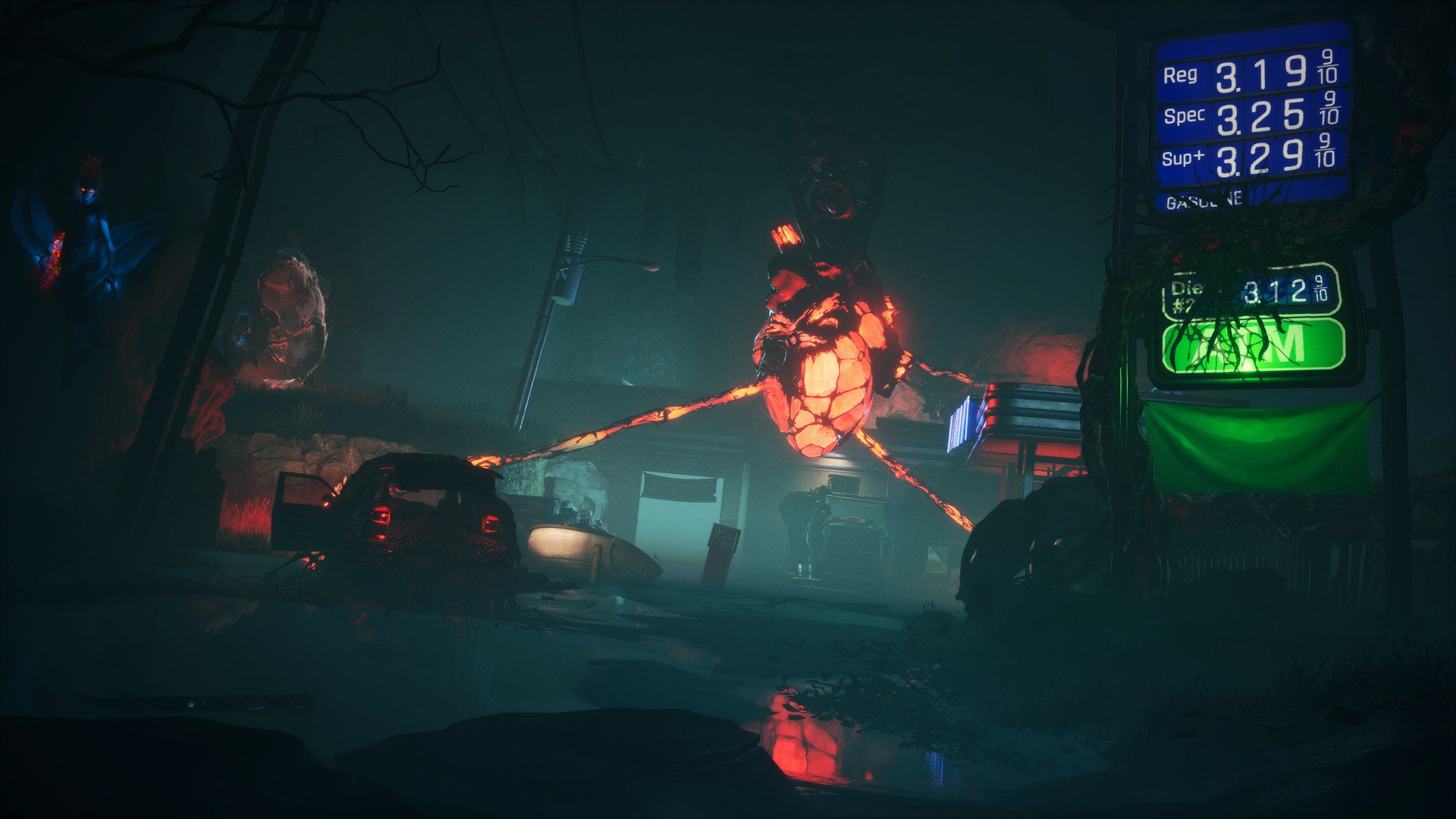 HD desktop wallpaper from Redfall video game depicting a tense night scene with a giant menacing creature and digital time projection in a gloomy urban setting.