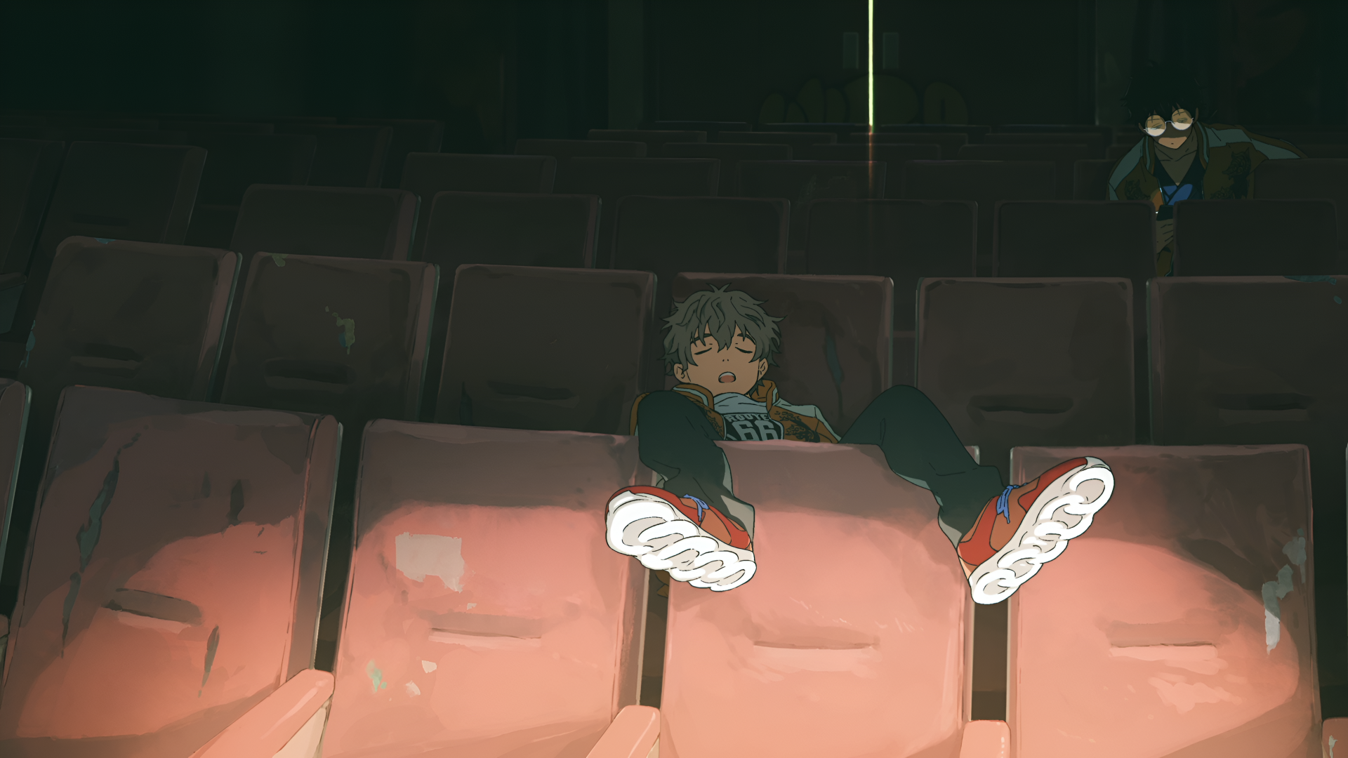 Anime-style 4K Ultra HD Wind Breaker wallpaper featuring a character sitting alone in a dimly lit theater with muted reddish seats and a dark background.