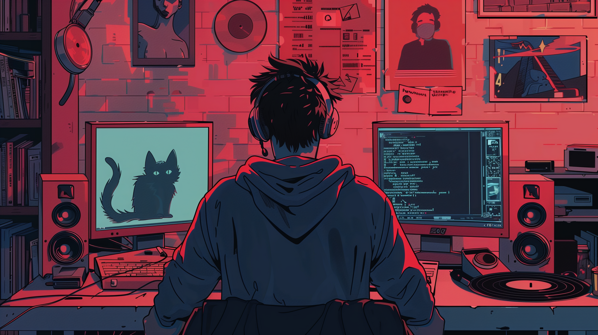 Anime-style illustration of a person in a hoodie working on a computer in a room filled with tech gear and posters, featuring a lofi aesthetic, suitable as an HD desktop wallpaper.