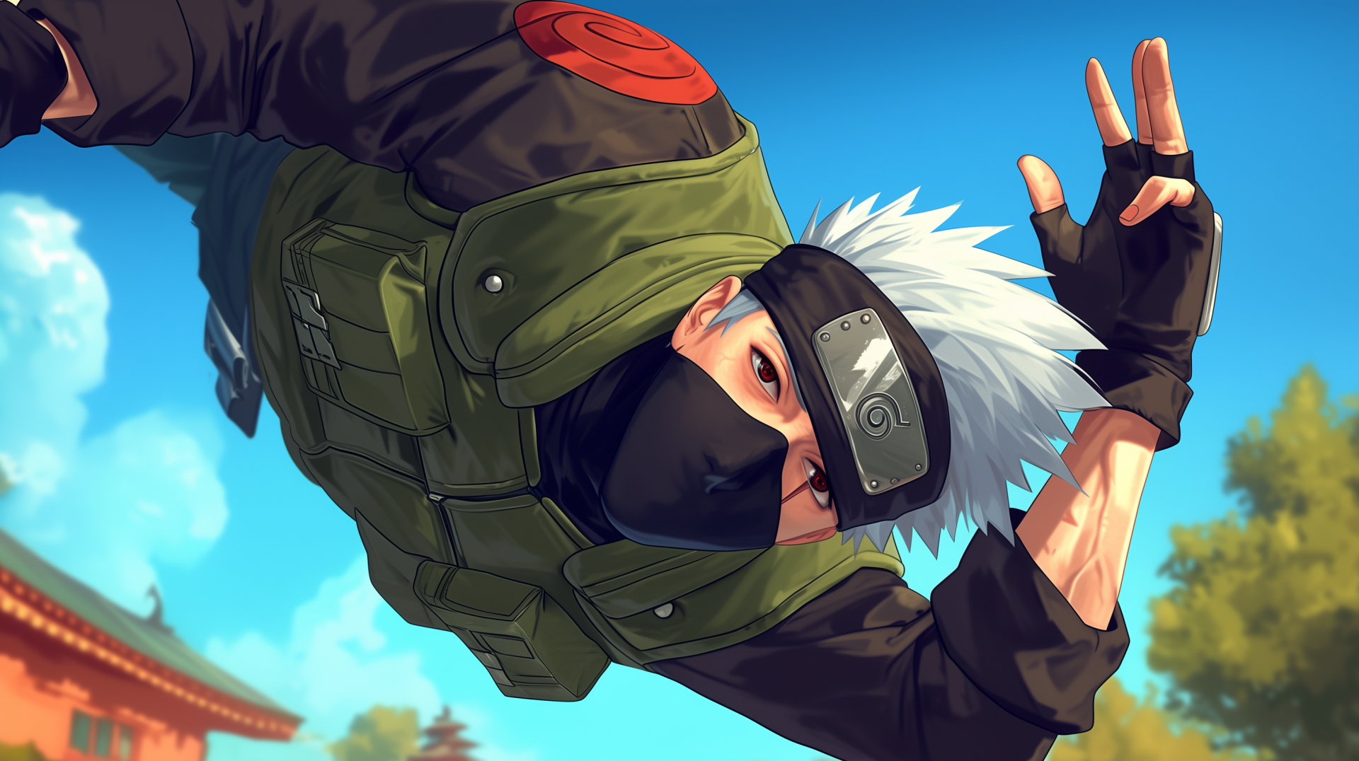 HD desktop wallpaper of Kakashi Hatake from Naruto, depicted mid-air against a blue sky backdrop, making a hand sign.