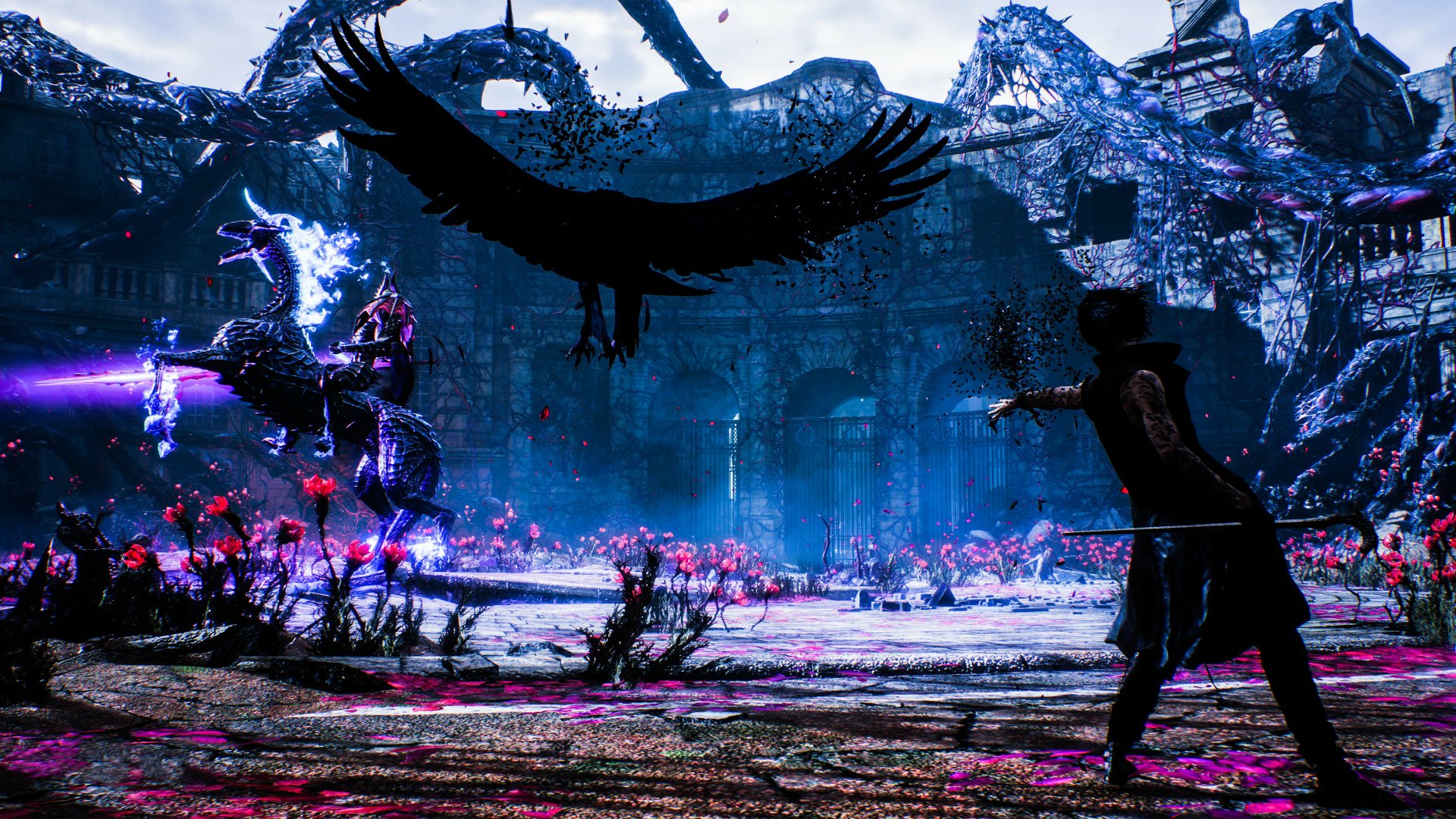 HD wallpaper from Devil May Cry 5 featuring a dramatic battle scene with a character and a spectral bird in a mystical, dark setting.
