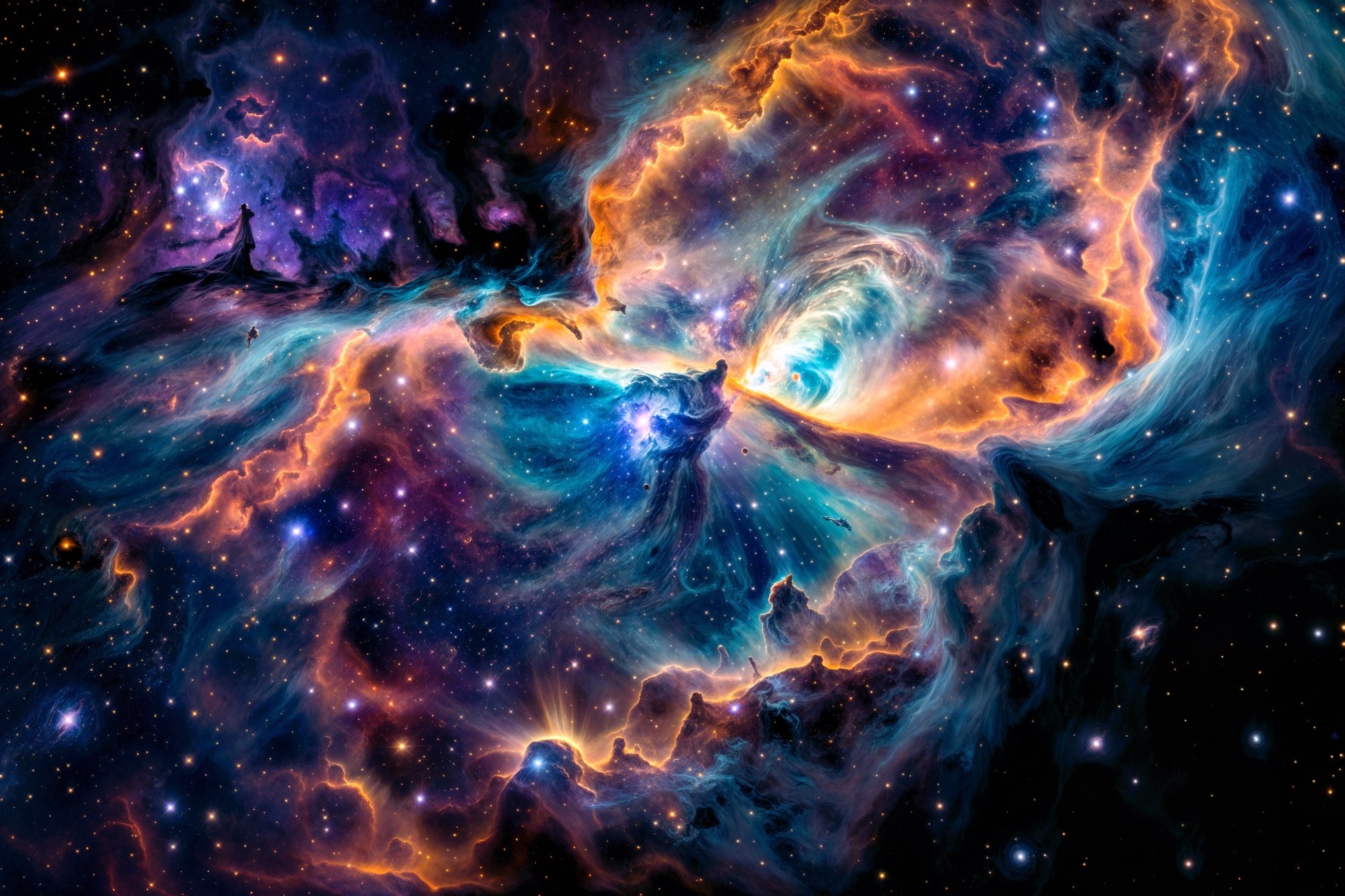 Stunning 8K Ultra HD Sci-Fi space wallpaper featuring a vibrant cosmic nebula swirling through the vast universe with glowing stars and colorful gas clouds.
