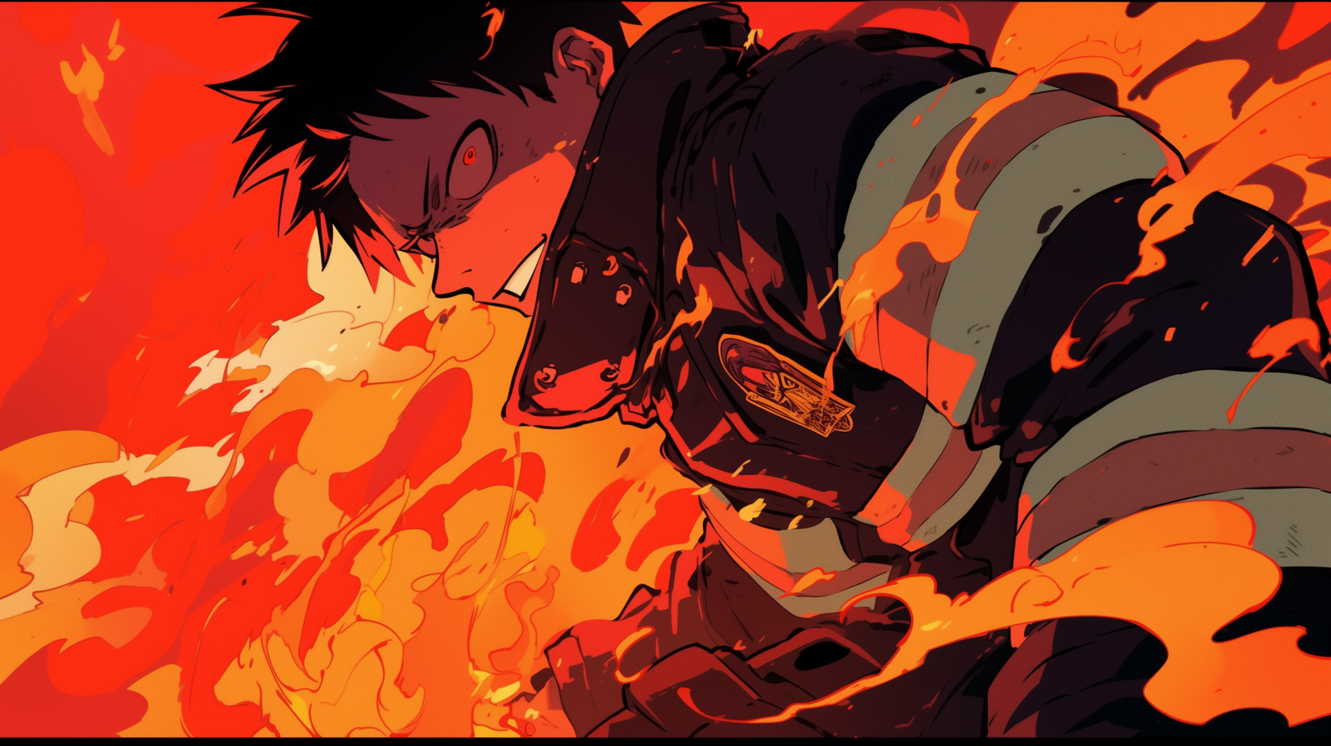 HD wallpaper of Shinra Kusakabe from Fire Force, depicted in a dynamic pose against a fiery background.