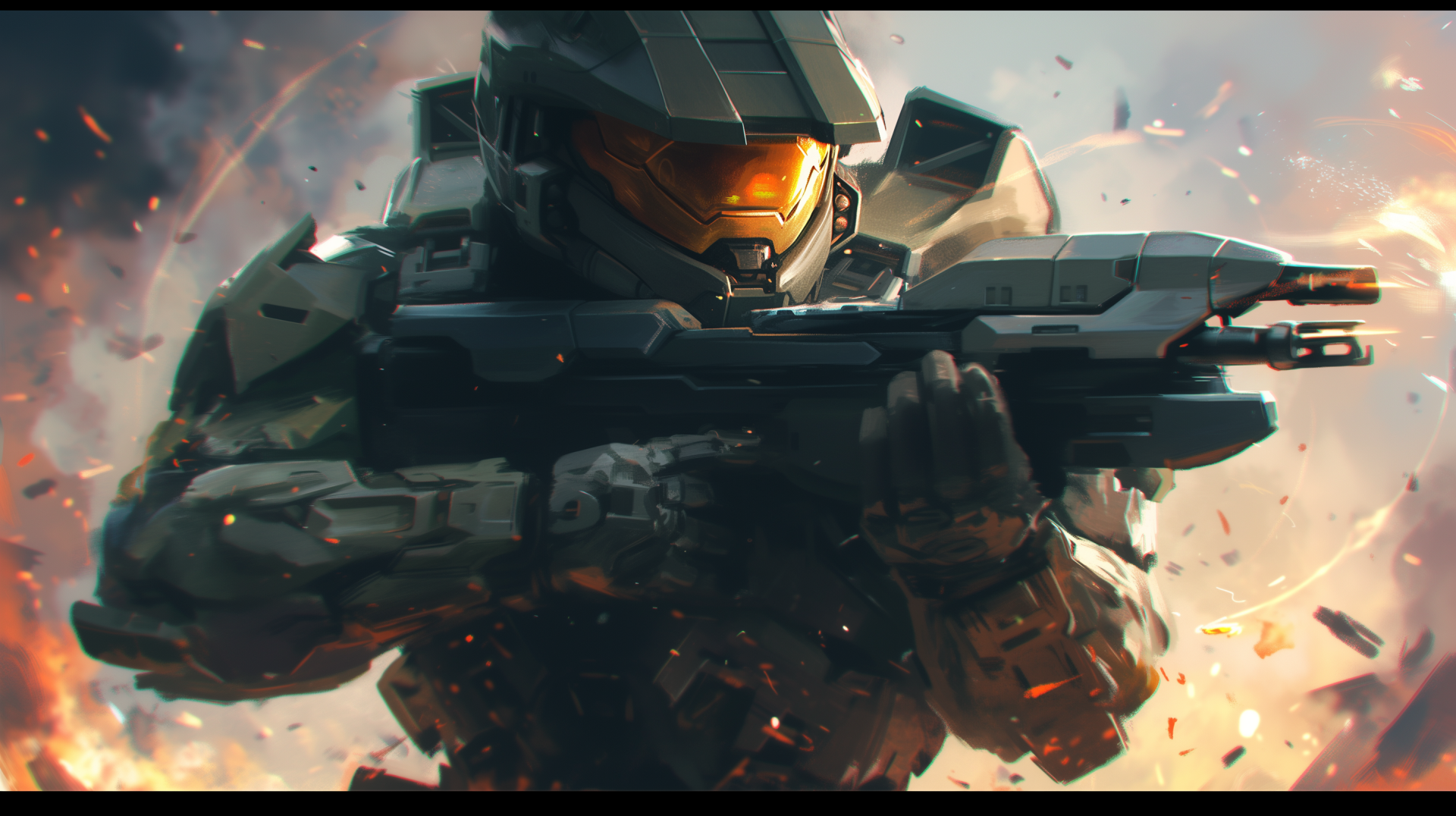 HD desktop wallpaper featuring a dynamic illustration of a Spartan soldier from Halo, holding a rifle amidst a fiery battle scene.
