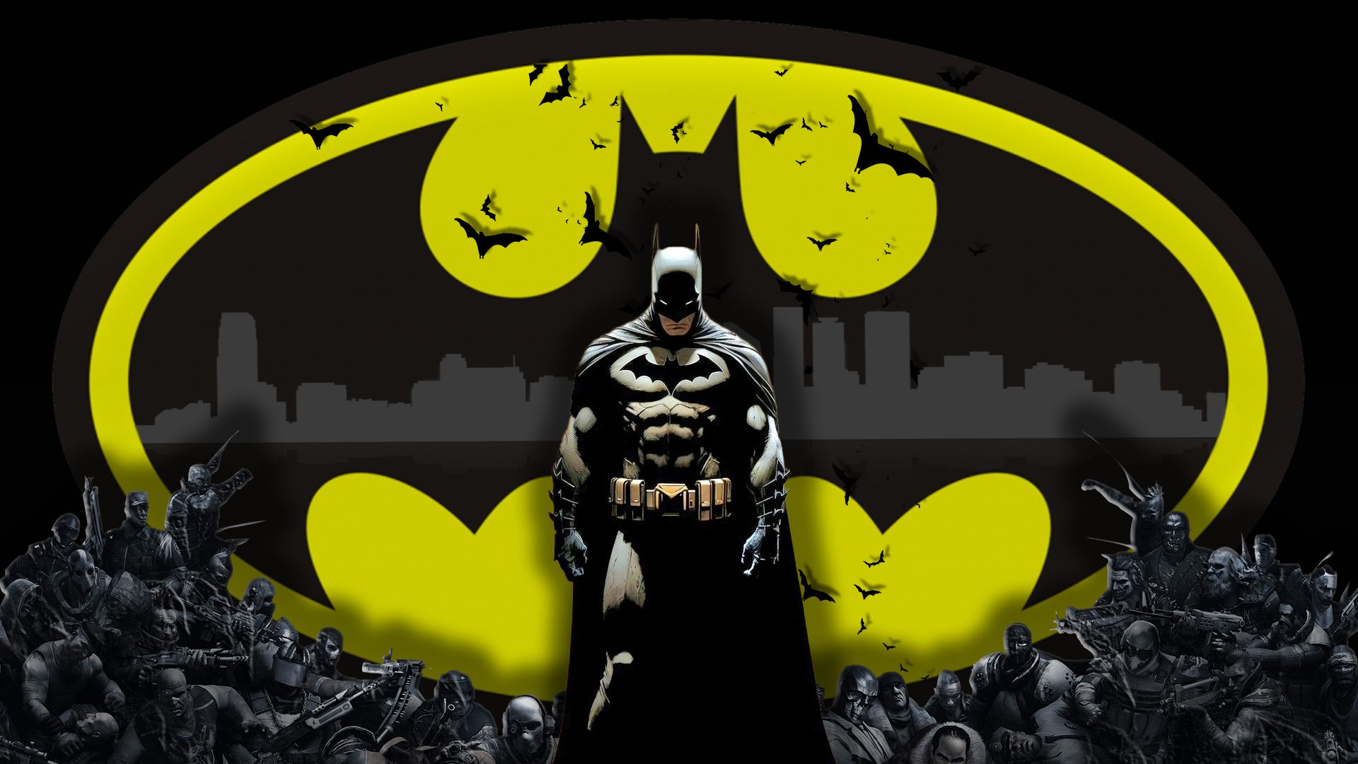HD PC desktop wallpaper featuring Batman standing in front of a large, weathered yellow Bat-symbol with a dark city skyline in the background, representing Bruce Wayne from DC Comics.