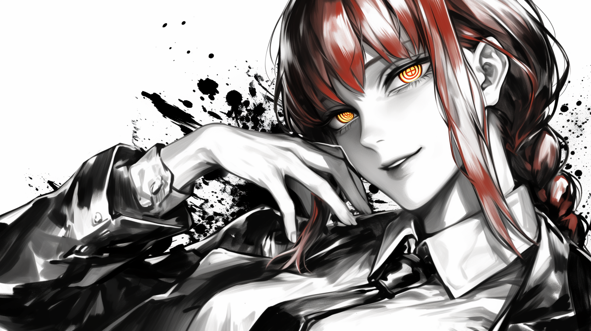 HD desktop wallpaper featuring Makima from Chainsaw Man, illustrated in a monochrome style with splashes of red, highlighting her eyes.