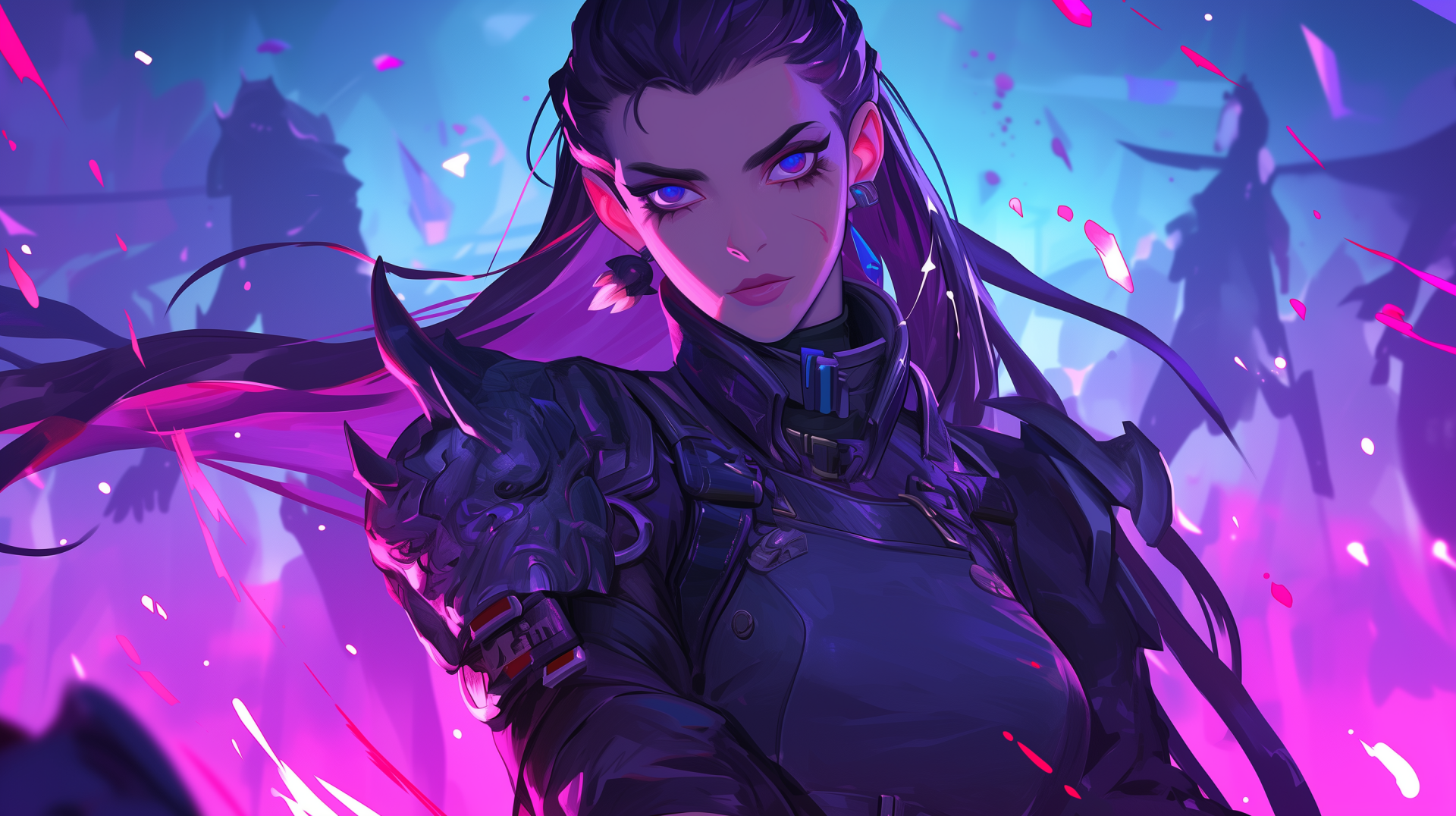 HD desktop wallpaper of Reyna from Valorant, featuring her in a dynamic pose with a vibrant purple background.