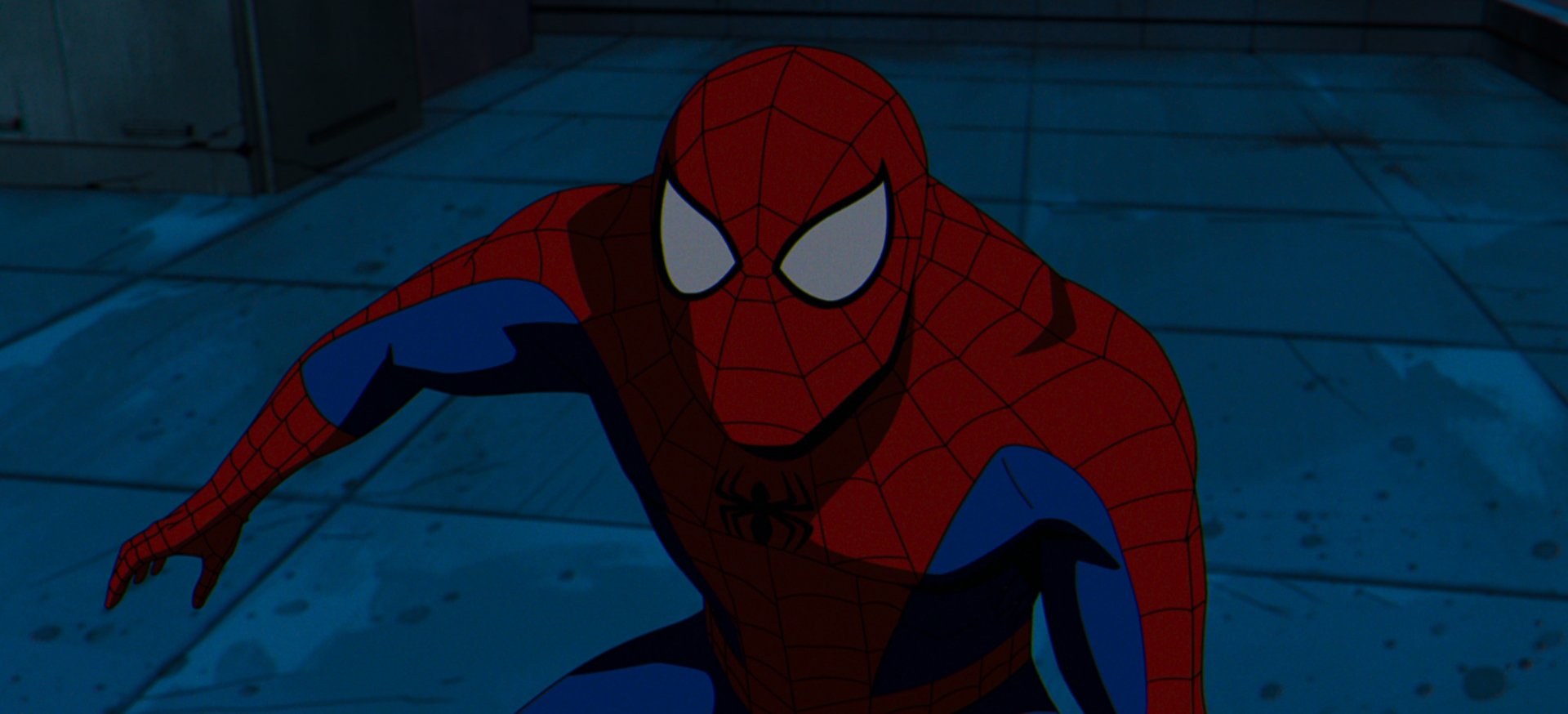 HD desktop wallpaper of Spider-Man crouching on a blue-toned background, from the TV show X-Men '97.