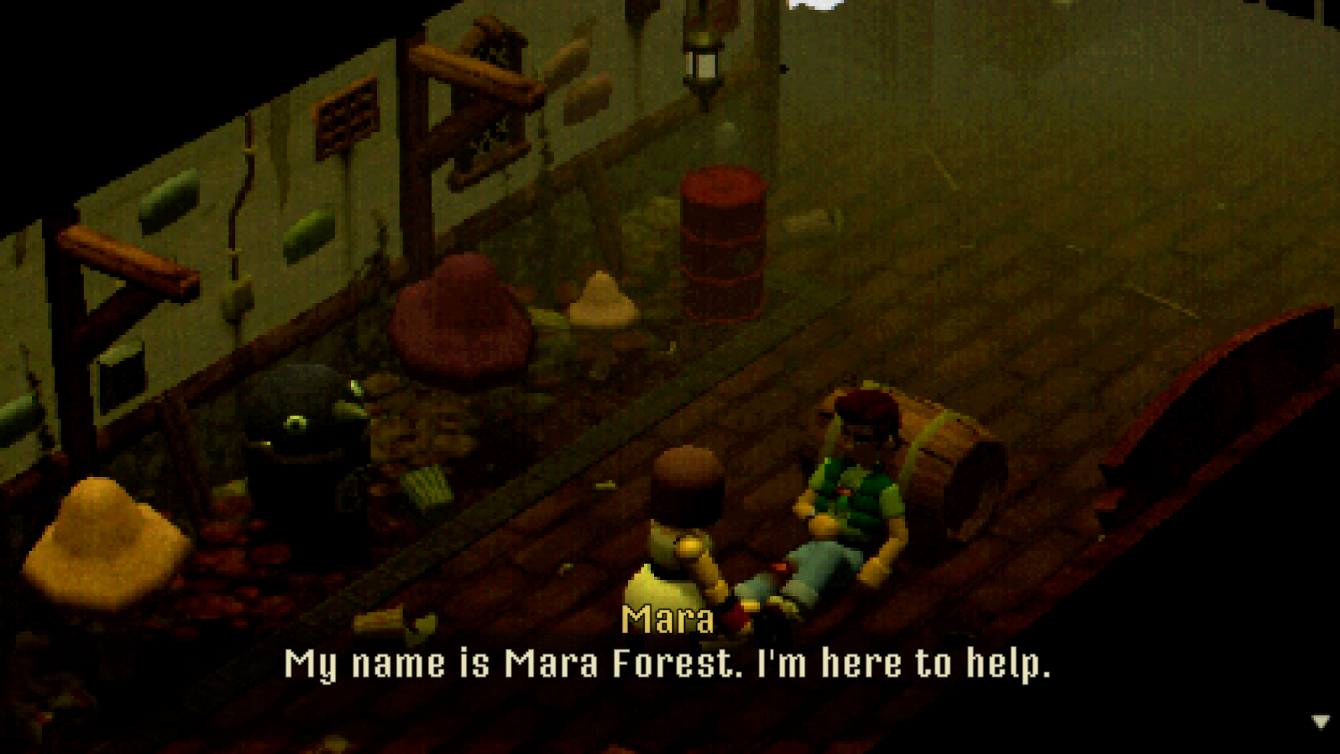 HD desktop wallpaper from the video game Crow Country, featuring a character named Mara Forest in a dimly lit, rustic scene with dialogue text: My name is Mara Forest. I'm here to help.