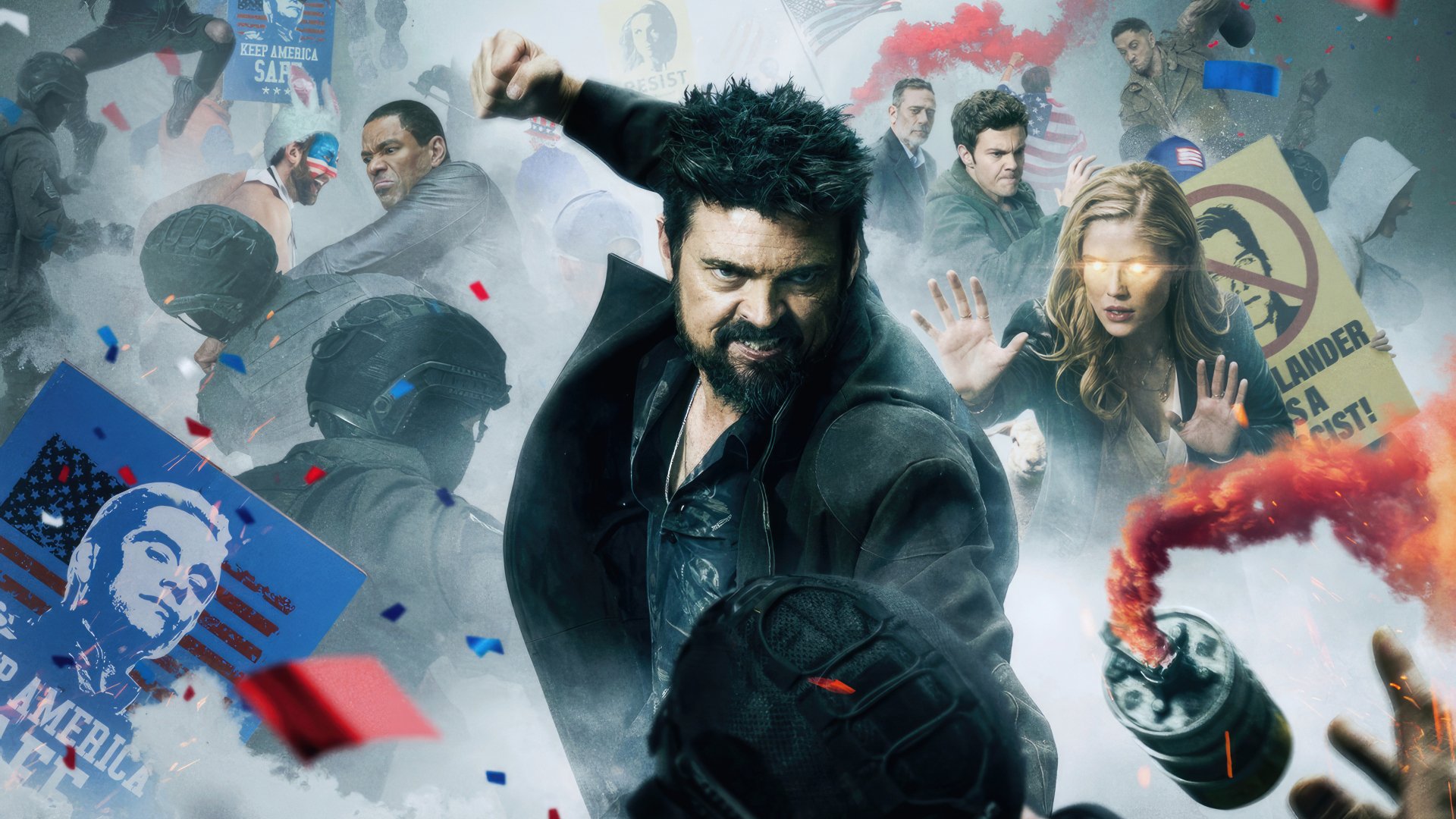 4K Ultra HD desktop wallpaper featuring a dynamic battle scene from The Boys (2019) with characters in action amid flying confetti and intense smoke effects.