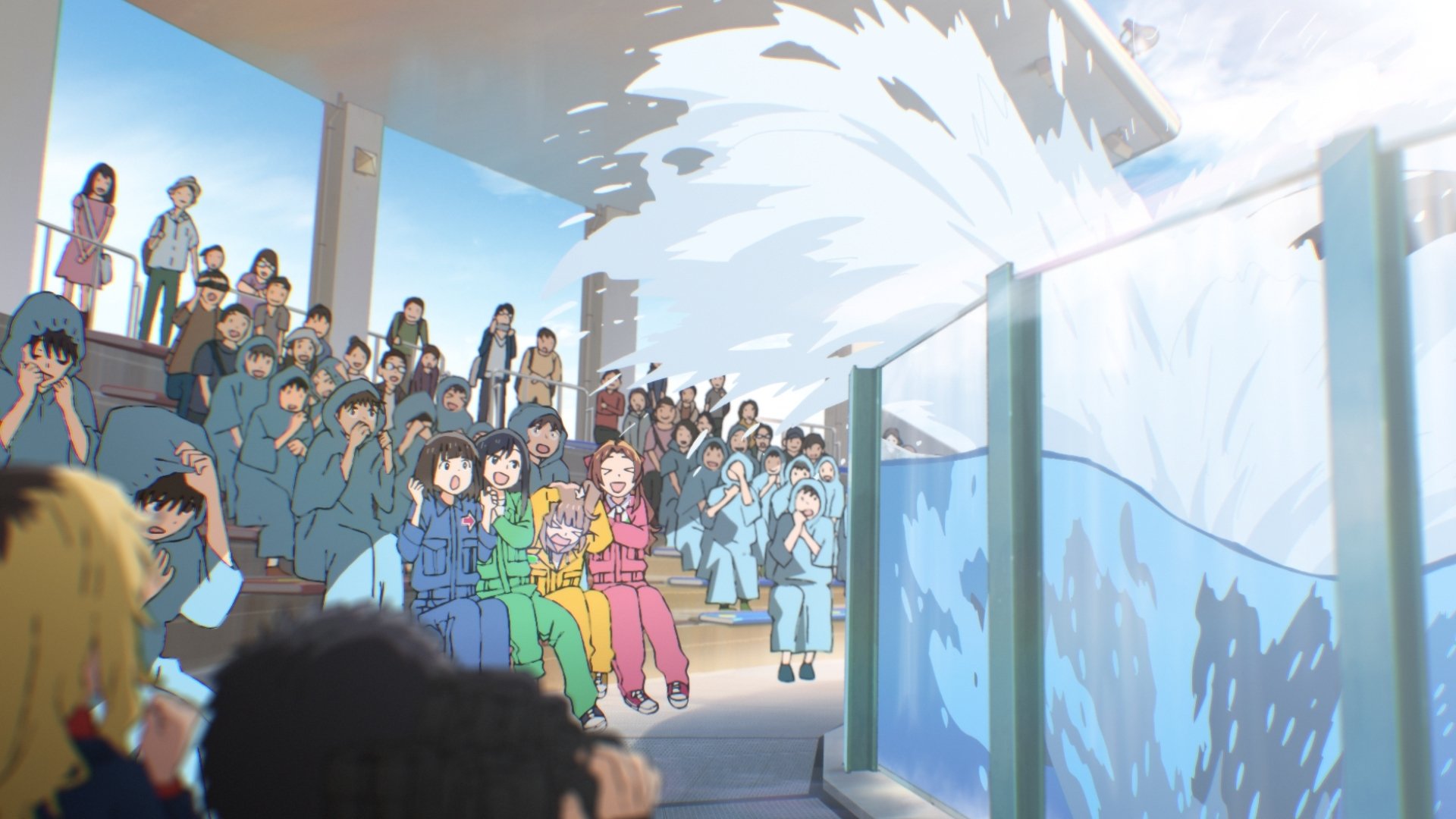 Anime HD desktop wallpaper showing a crowd of people at an aquarium watching a large splash.