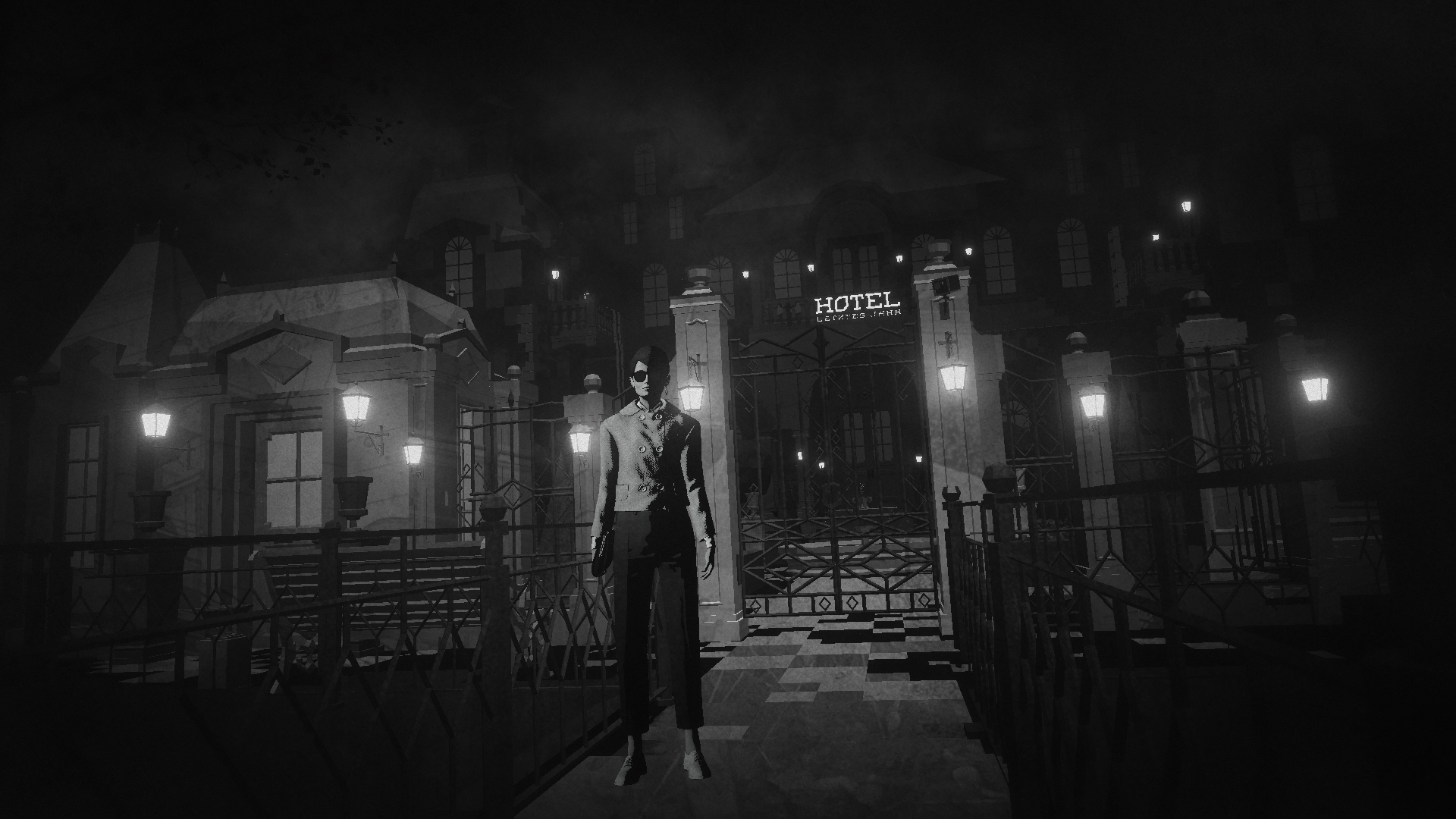 HD desktop wallpaper from Lorelei and the Laser Eyes, featuring a male character in a suit standing before a dimly lit, eerie hotel in a noir-style monochrome setting.