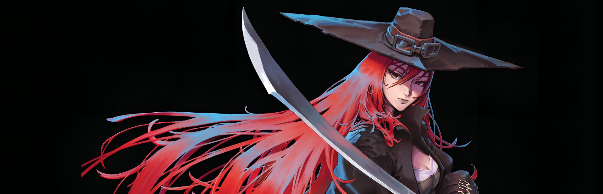 HD desktop wallpaper from the video game Gestalt: Steam & Cinder featuring a character with red hair, a wide-brimmed hat, and a large sword, against a dark background.