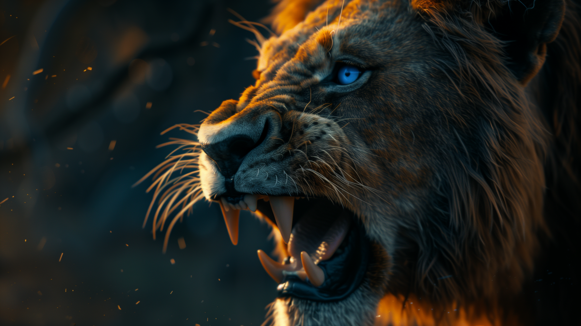 HD desktop wallpaper and background featuring a majestic lion with piercing blue eyes roaring fiercely, set against a dramatic wildlife backdrop.