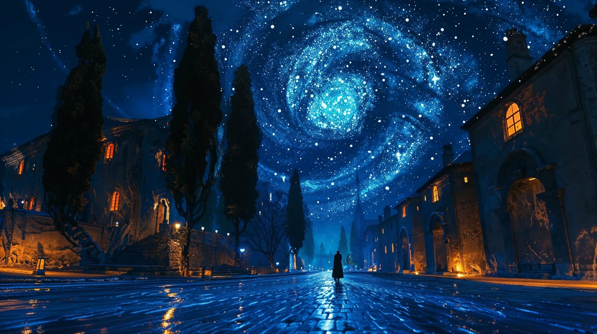 HD desktop wallpaper depicting a fantasy night scene in a town, with a swirling portal of stars in the sky, creating an artistic and magical atmosphere.