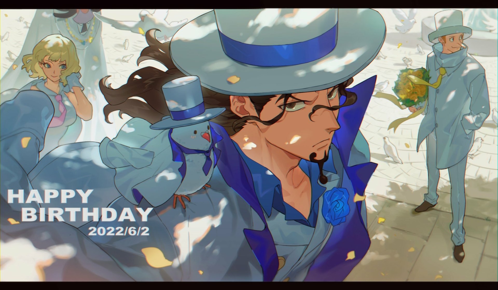 HD anime wallpaper of the One Piece character Stussy, featuring a stylish and elegant scene with a birthday greeting for June 2, 2022.