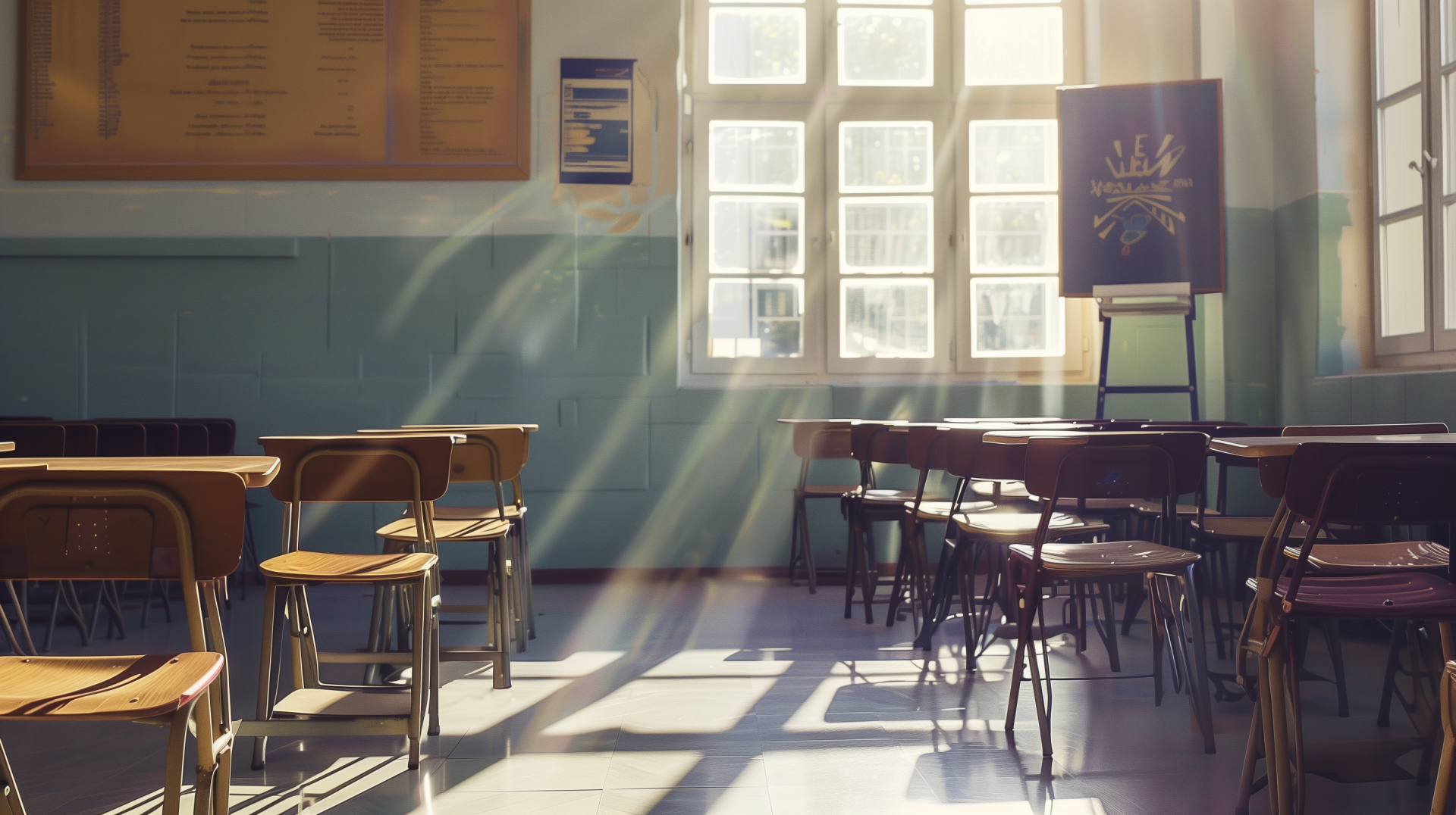 Sunbeams filter through a classroom window, illuminating empty chairs and desks. This HD wallpaper exudes a serene, scholarly vibe enhanced by warm natural light.