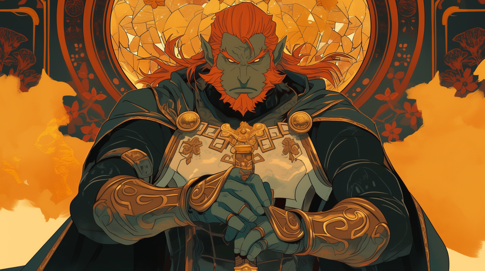 HD wallpaper featuring Ganondorf from The Legend of Zelda: Tears of the Kingdom video game. The artwork showcases Ganondorf in elaborate armor with a strong and imposing presence.