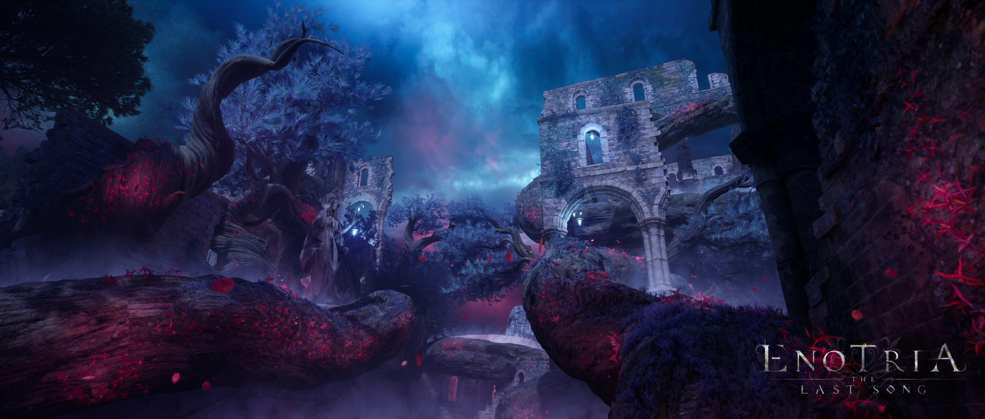 HD wallpaper for the video game Enotria: The Last Song, featuring an eerie, mystical landscape with ancient ruins and gnarled, glowing trees under a vibrant, celestial sky.