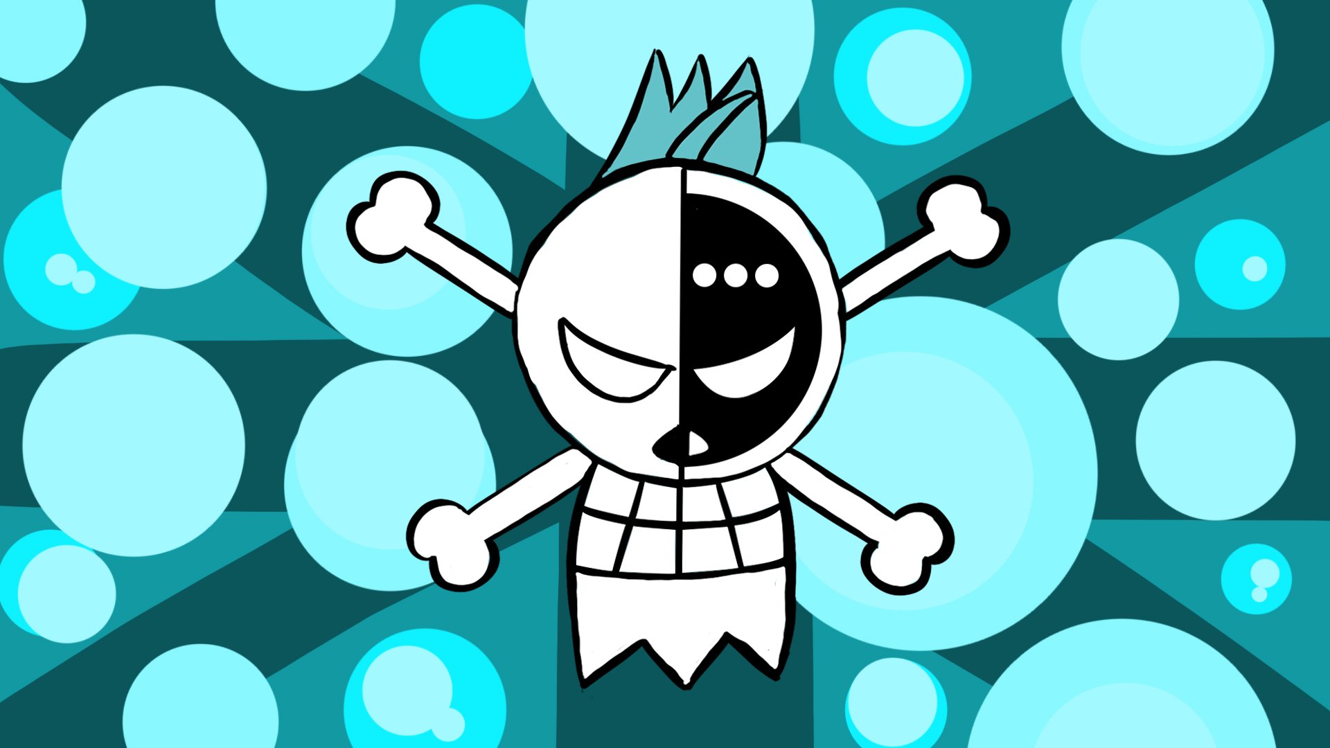 HD desktop wallpaper featuring the Straw Hat Jolly Roger from One Piece with a cyborg-inspired split design representing Franky against a blue bubble background.