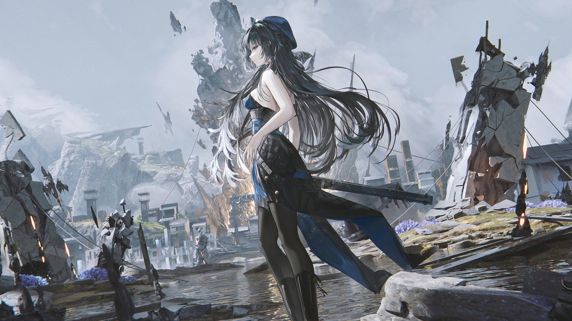 HD desktop wallpaper of Yangyang from the video game Wuthering Waves, featuring her standing in a detailed, post-apocalyptic landscape with ruins and a cloudy sky in the background.