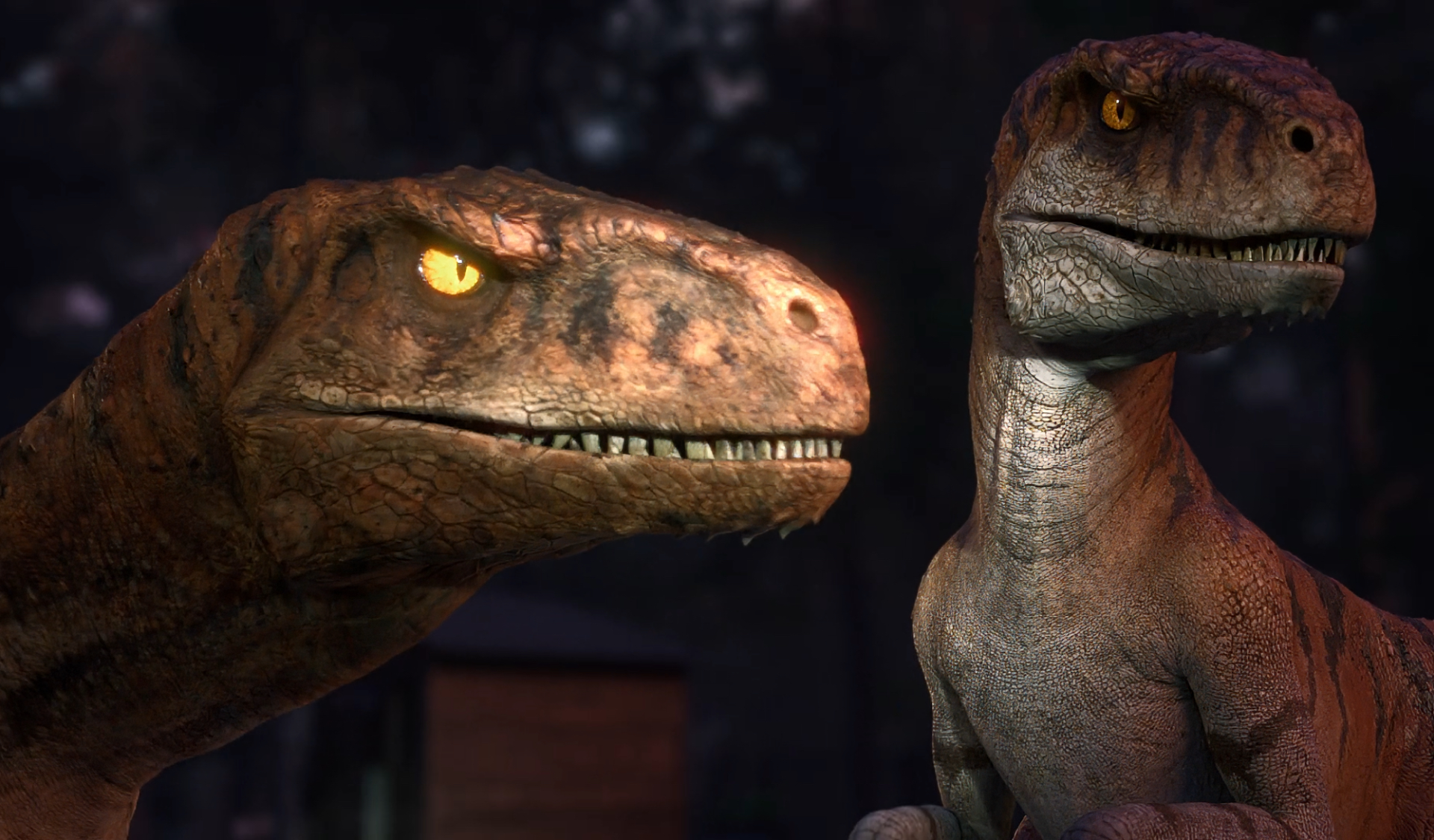 HD desktop wallpaper featuring two Velociraptors from the TV show Jurassic World: Chaos Theory, set against a dimly lit background.